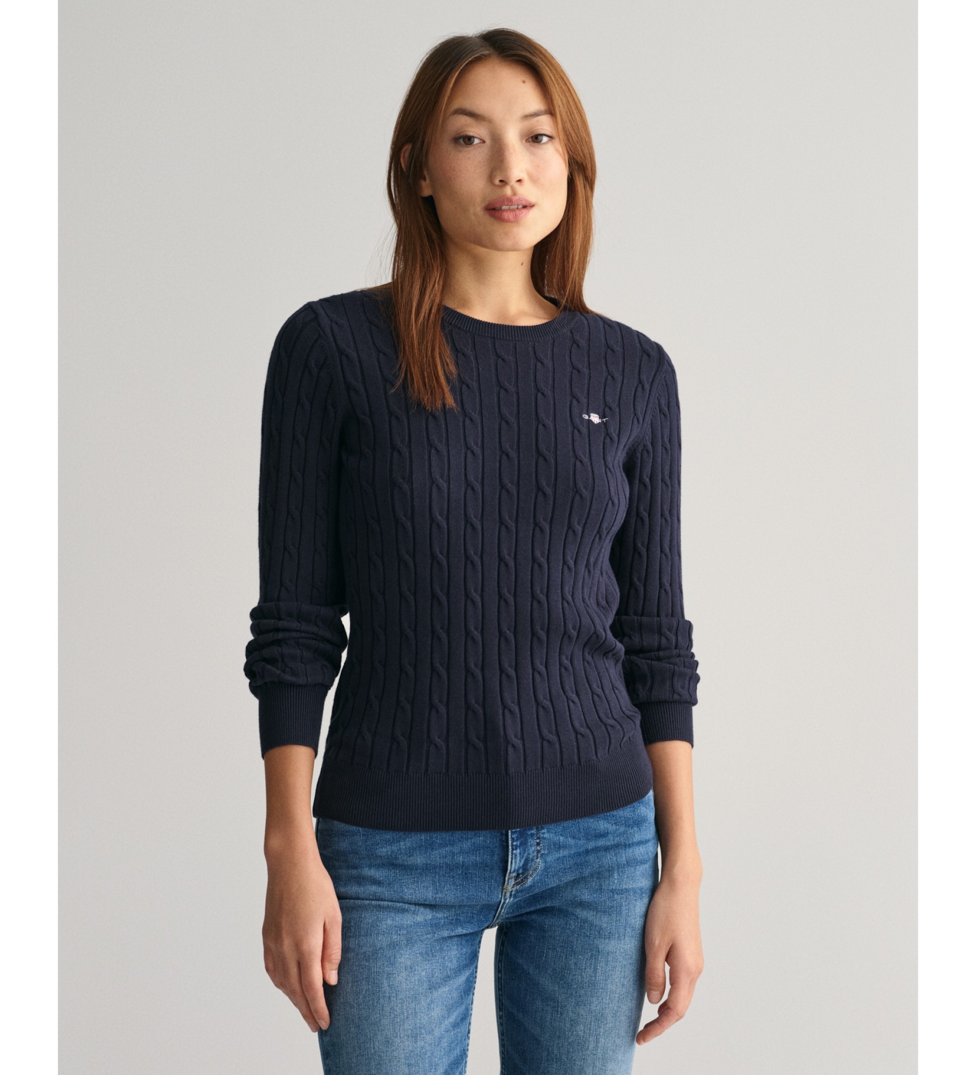 Gant für Damen. 4800100 Klassischer marineblauer Zopfmusterpullover (XS), Lässig, Bio-Baumwolle