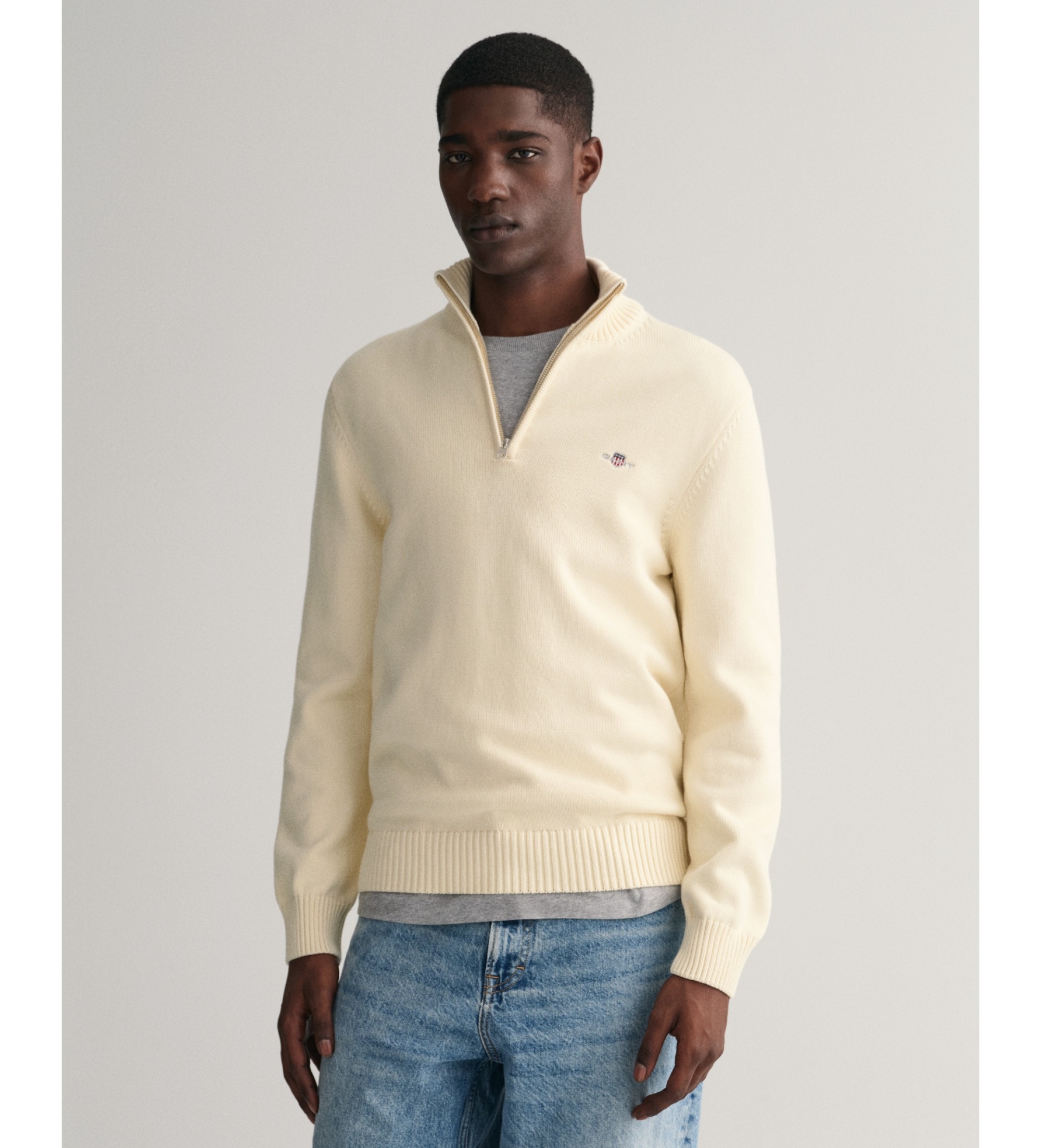 Gant für Herren. 8030170 Strickpullover mit cremefarbenem Reißverschluss (S), Weiß, Lässig, Baumwolle