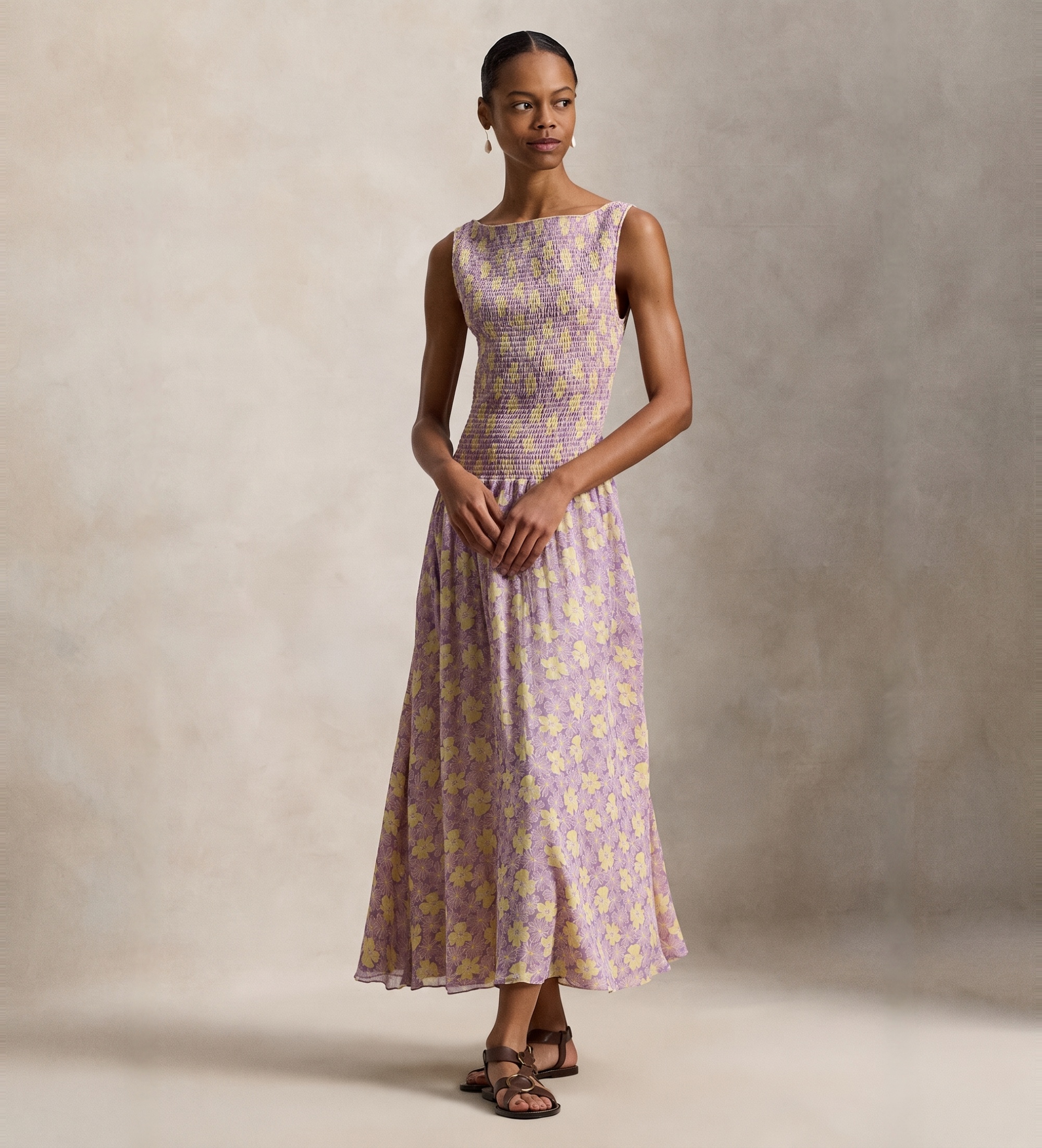 Polo Ralph Lauren für Damen. 211A96345001 Kleid mit Raffungen und lila Blumen (XL), Lässig, Flieder, Viskose, Ärmellos / Hosenträger