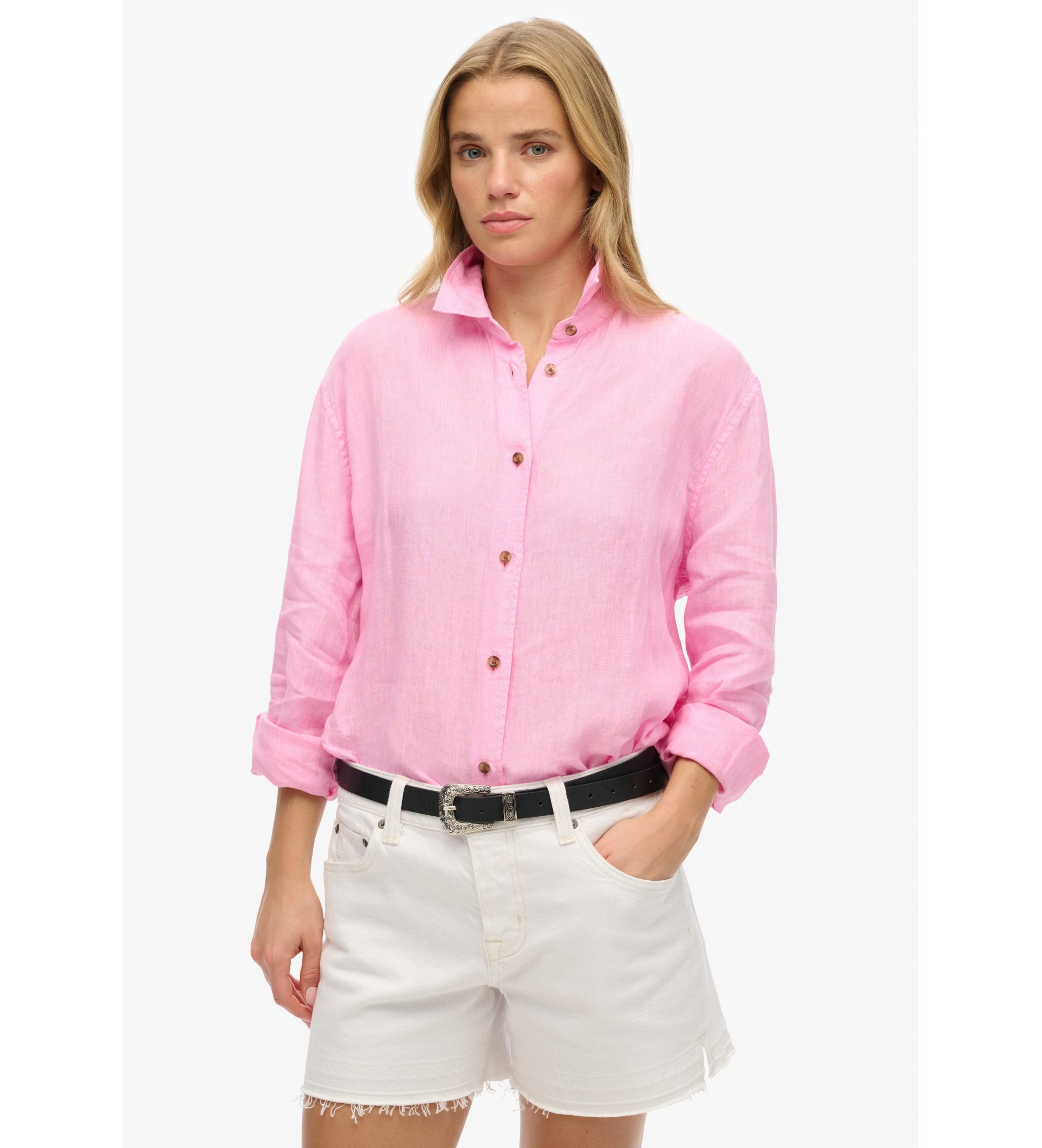 Superdry für Damen. W4010463A Lässiges Leinenhemd im Boyfriend-Schnitt in Rosa (S), Langarm