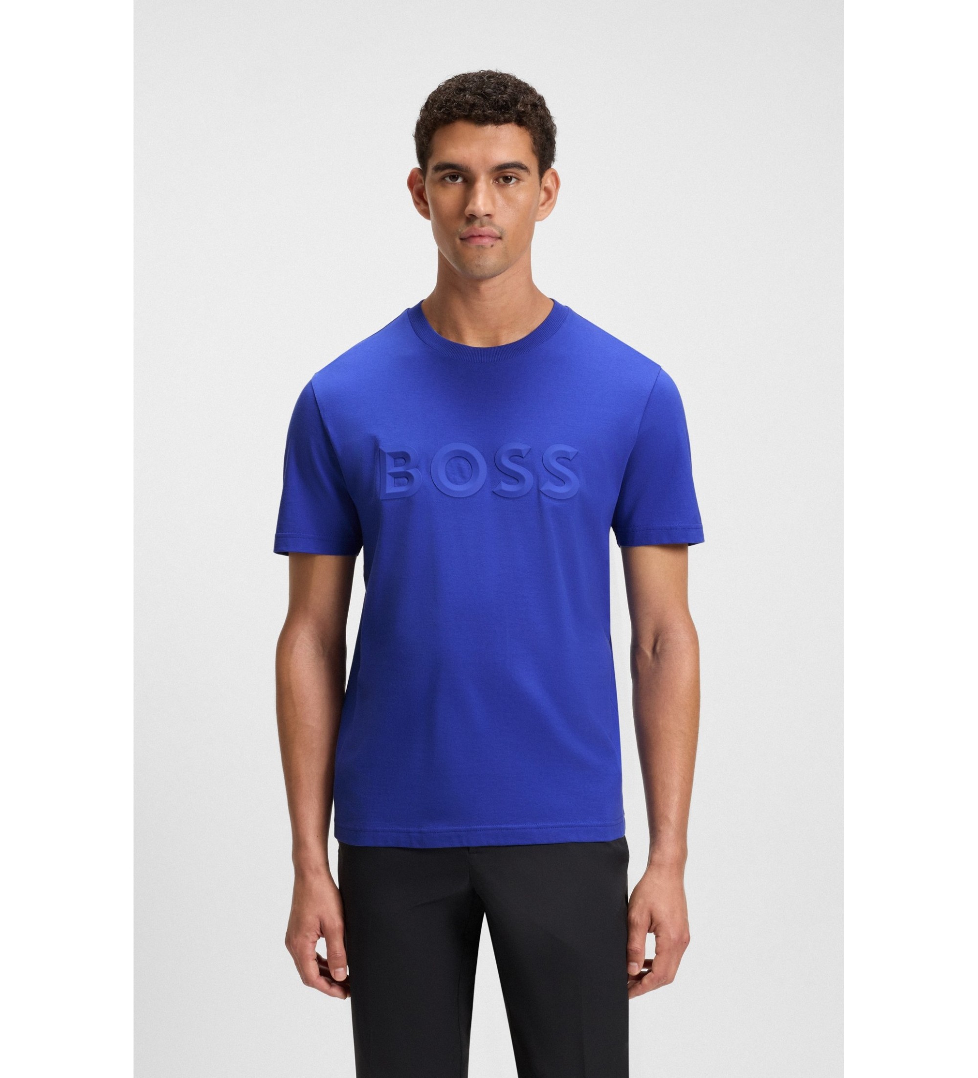 BOSS für Herren. 50548411 Baumwoll-Strick-T-Shirt mit blauem 3D-Logo (XL), Lässig, Baumwolle, Kurzarm