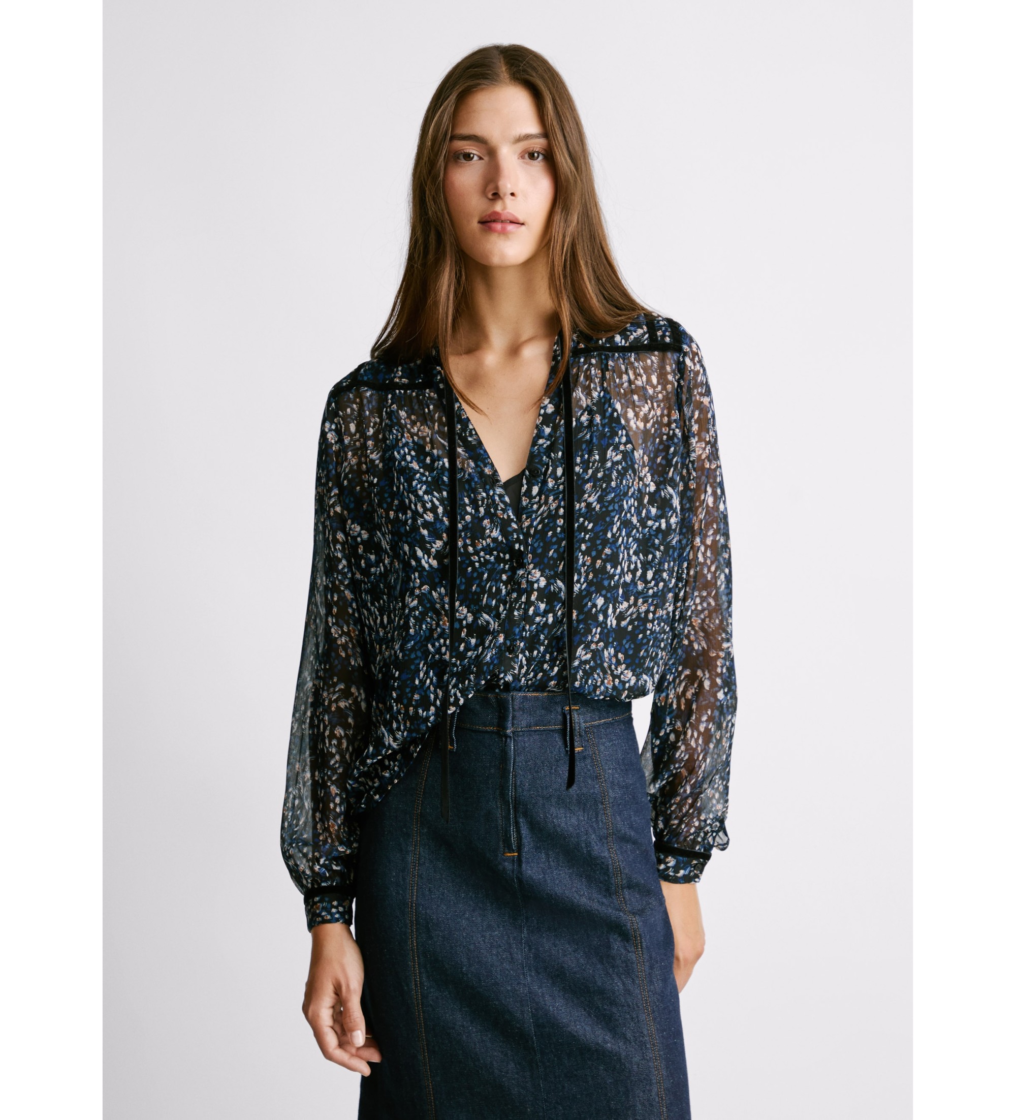 Pepe Jeans für Damen. PL3051292 Schwarze Moana-Bluse (L), Lässig, Polyester, Langarm
