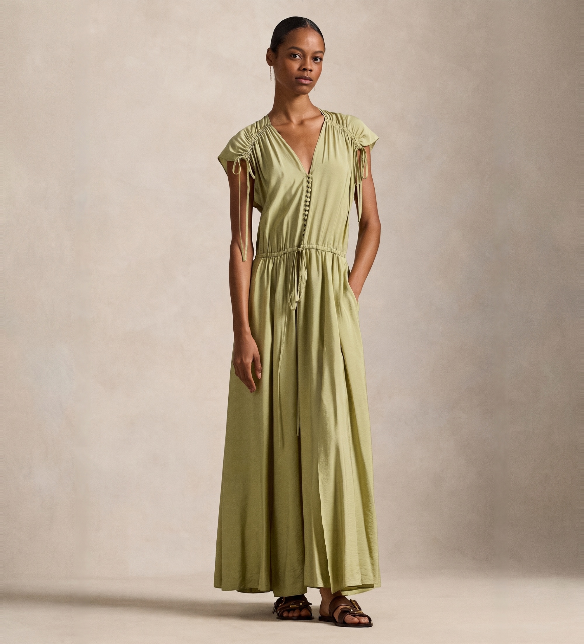 Polo Ralph Lauren für Damen. 211A96358001 Krep-Kleid mit grünen Bändern als Schnürung (40), Lässig, Party, Viskose, Ärmellos / Hosenträger