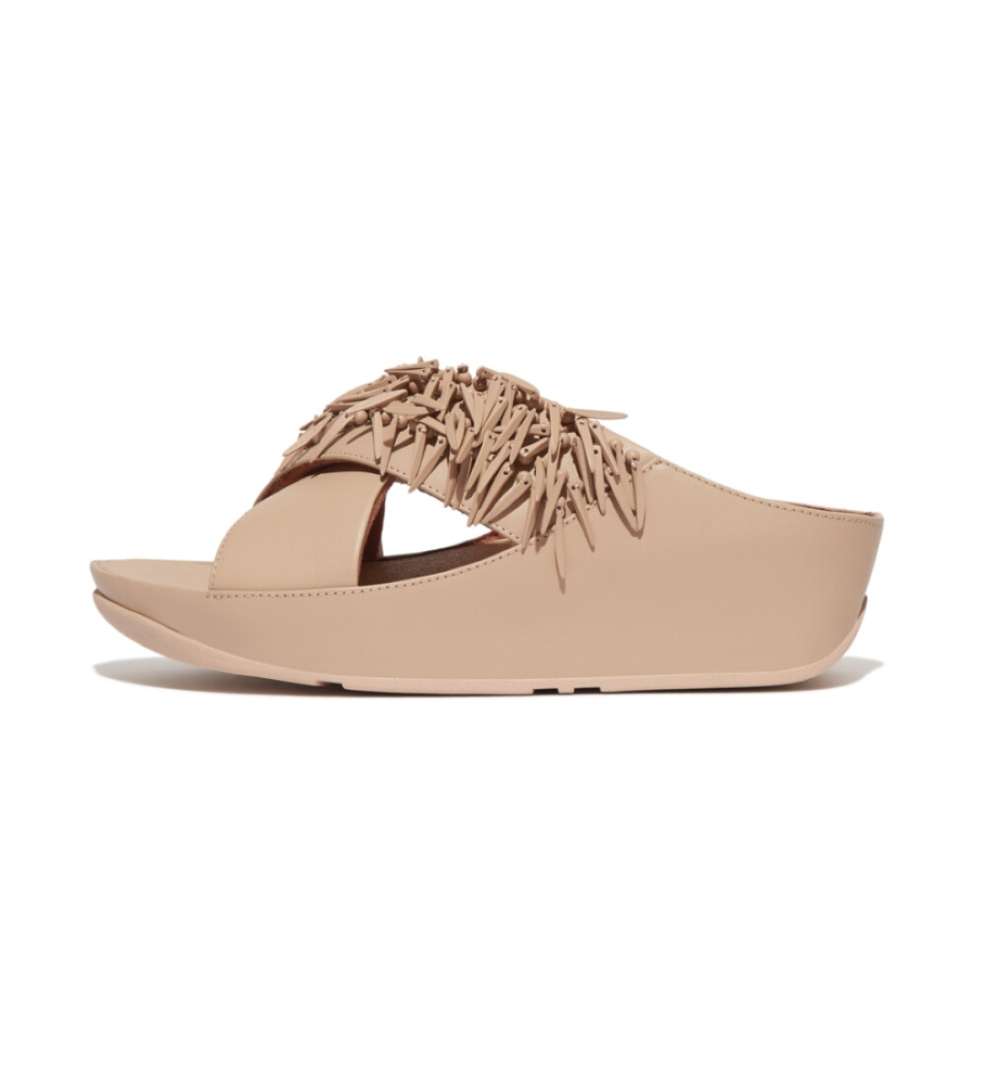 Fitflop für Damen. HQ5-A94 Rumba Beaded Cross Slides ? Sandalen aus Leder in Beige (37), Öko-Leder, 3 bis 5 cm, Keine, Lässig