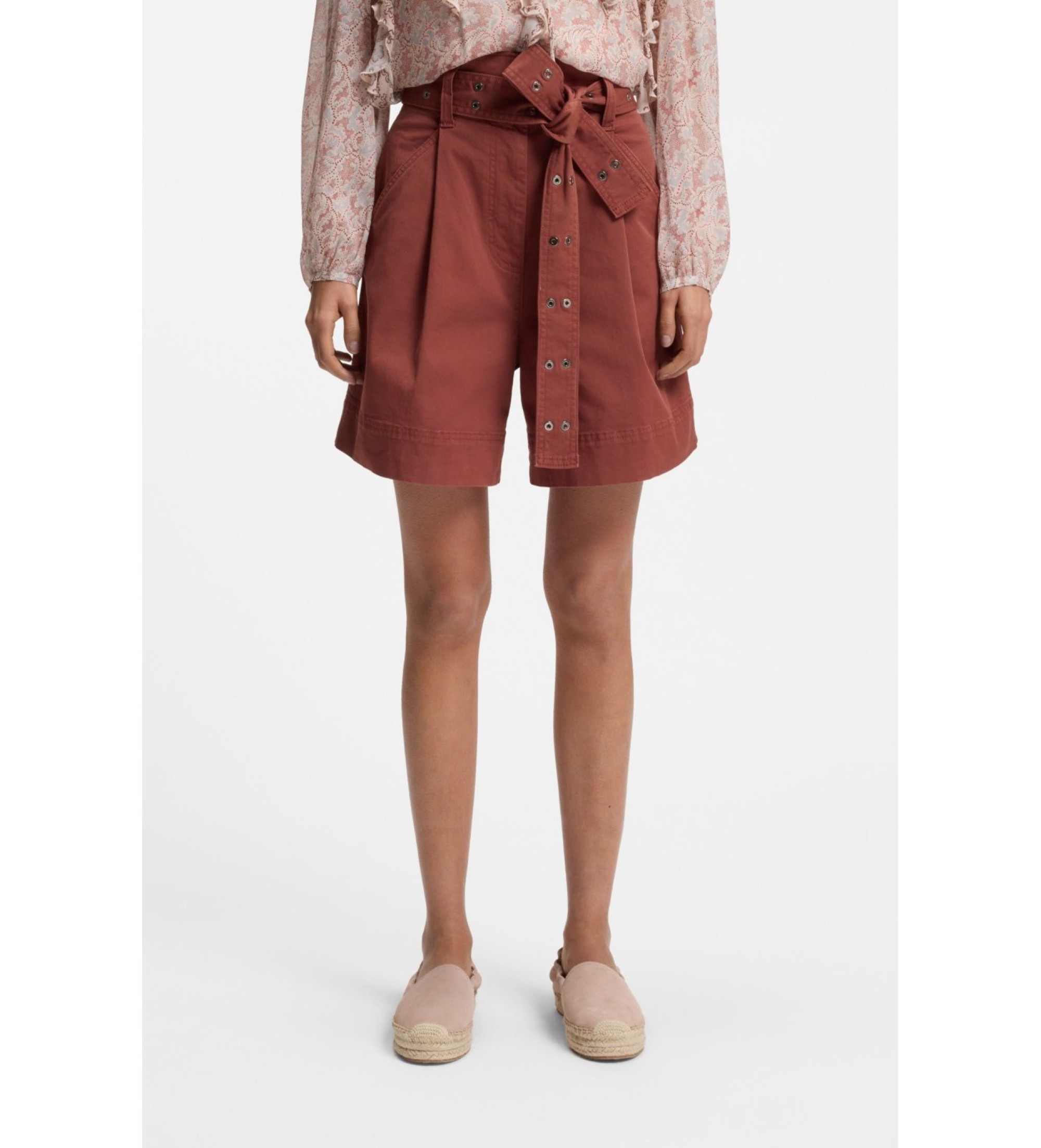 BOSS für Damen. 50556394 Shorts aus elastischer Baumwolle mit durchbrochenem, granatrotem Bund (36), Lässig, Kastanienbraun