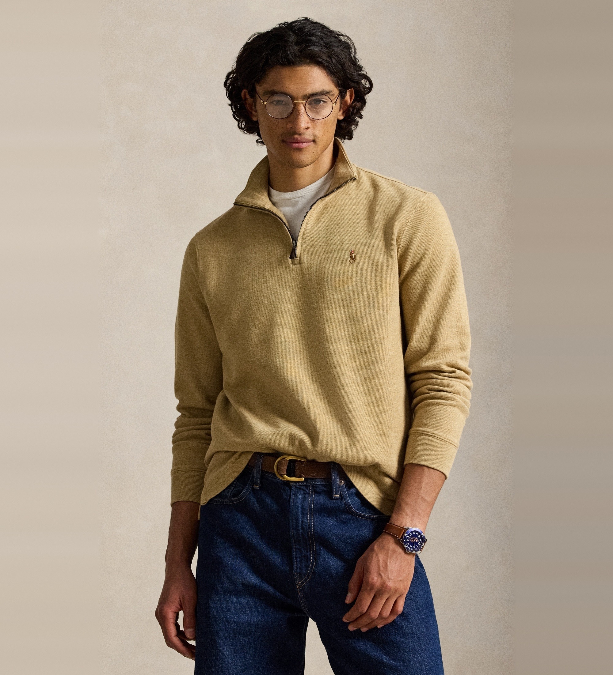 Polo Ralph Lauren für Herren. 710P07411502 Beiger ?Estate-Rib?-Pullover mit kurzem Reißverschluss (S), Lässig, Baumwolle, Langarm
