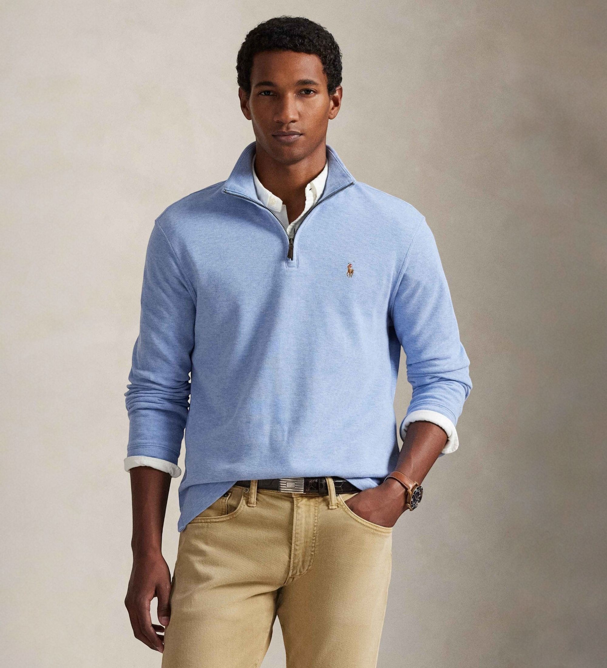 Polo Ralph Lauren für Herren. 710P07411001 Blauer ?Estate-Rib?-Pullover mit kurzem Reißverschluss (S), Lässig, Baumwolle, Klassisch