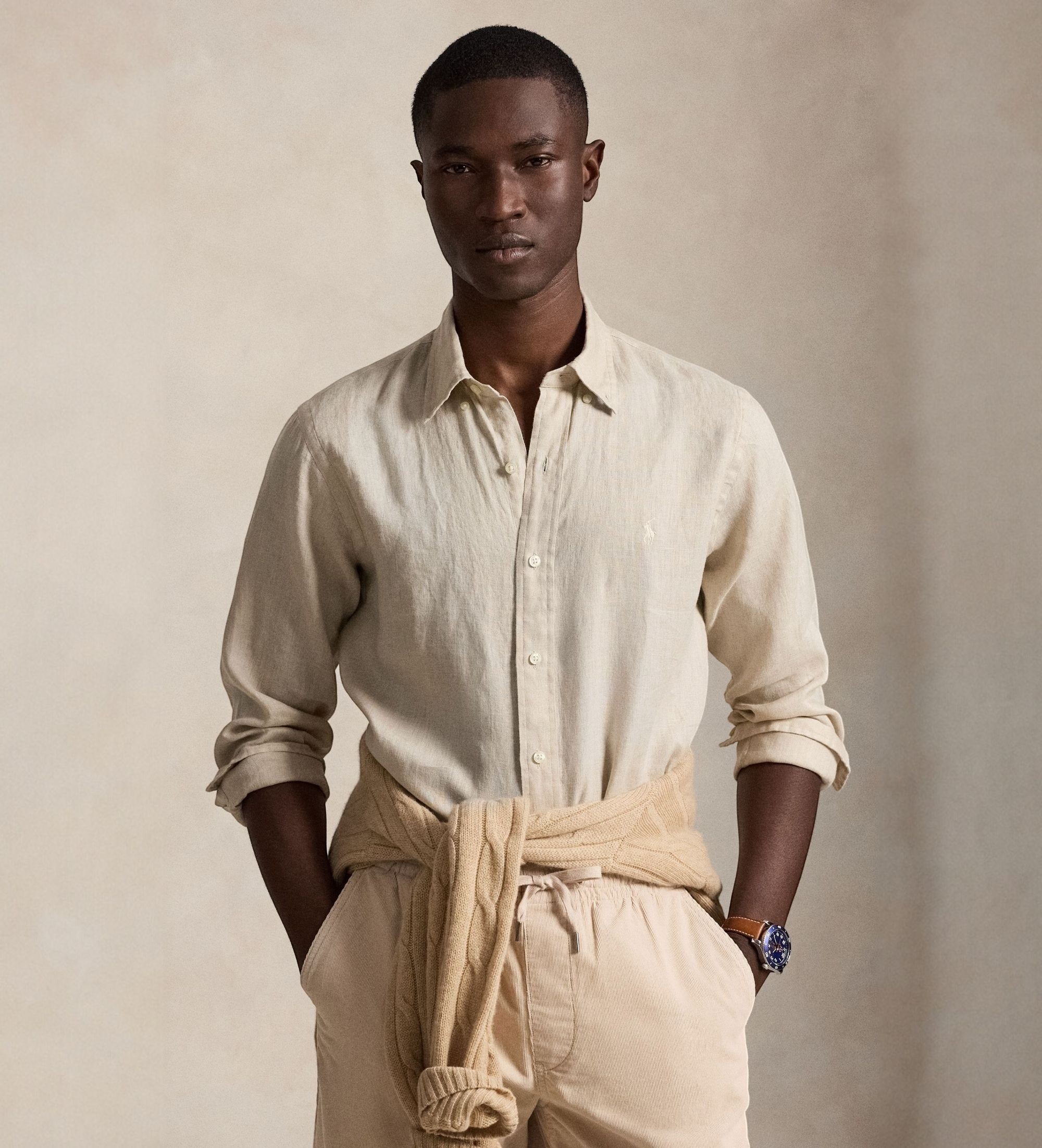 Polo Ralph Lauren für Herren. 710966294518 Beiges Leinenhemd in Custom Fit (S), Lässig, Langarm