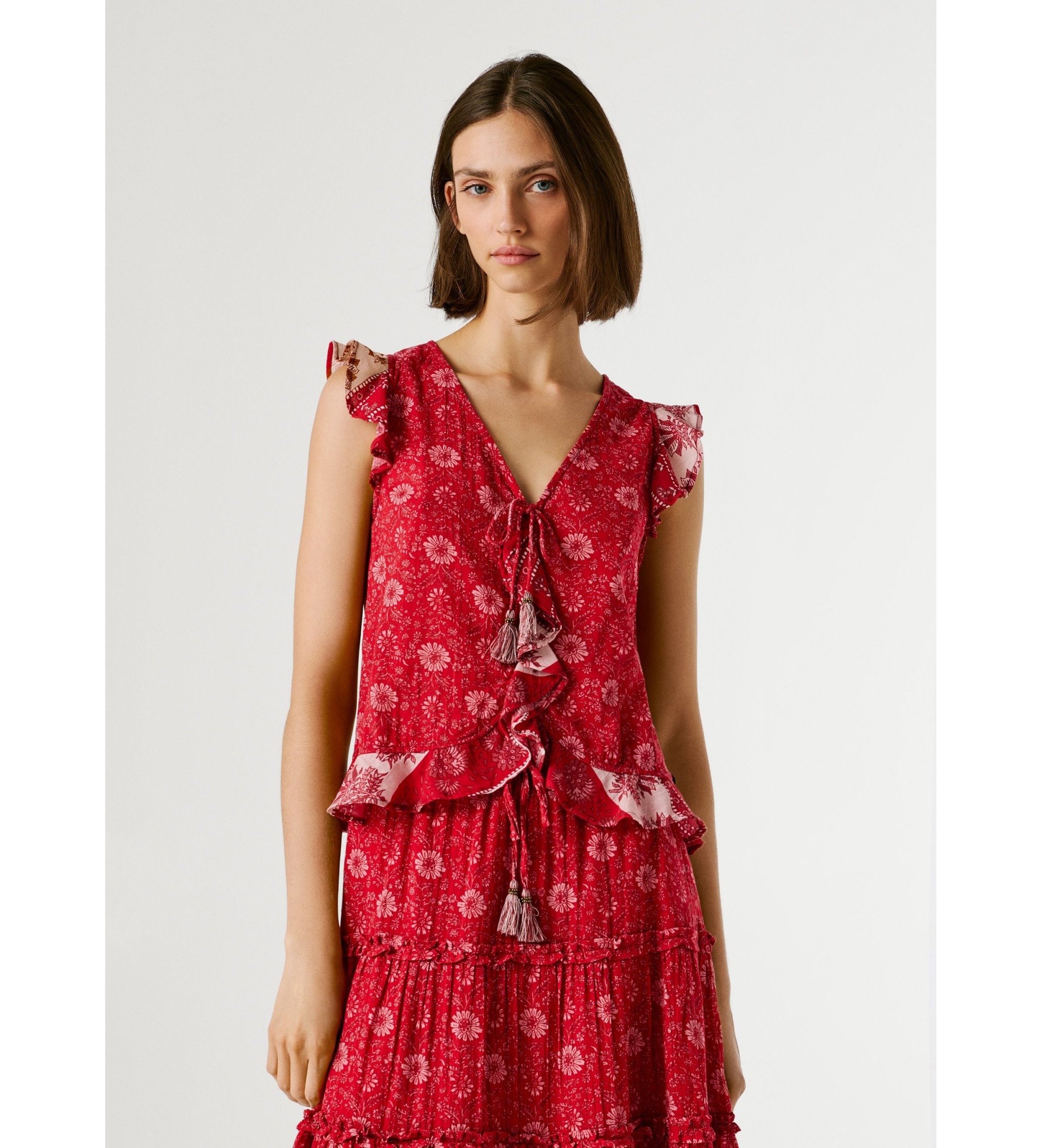 Pepe Jeans für Damen. PL3051410 Rotes Kristall-Top (M), Lässig, Baumwolle, Ärmellos / Hosenträger