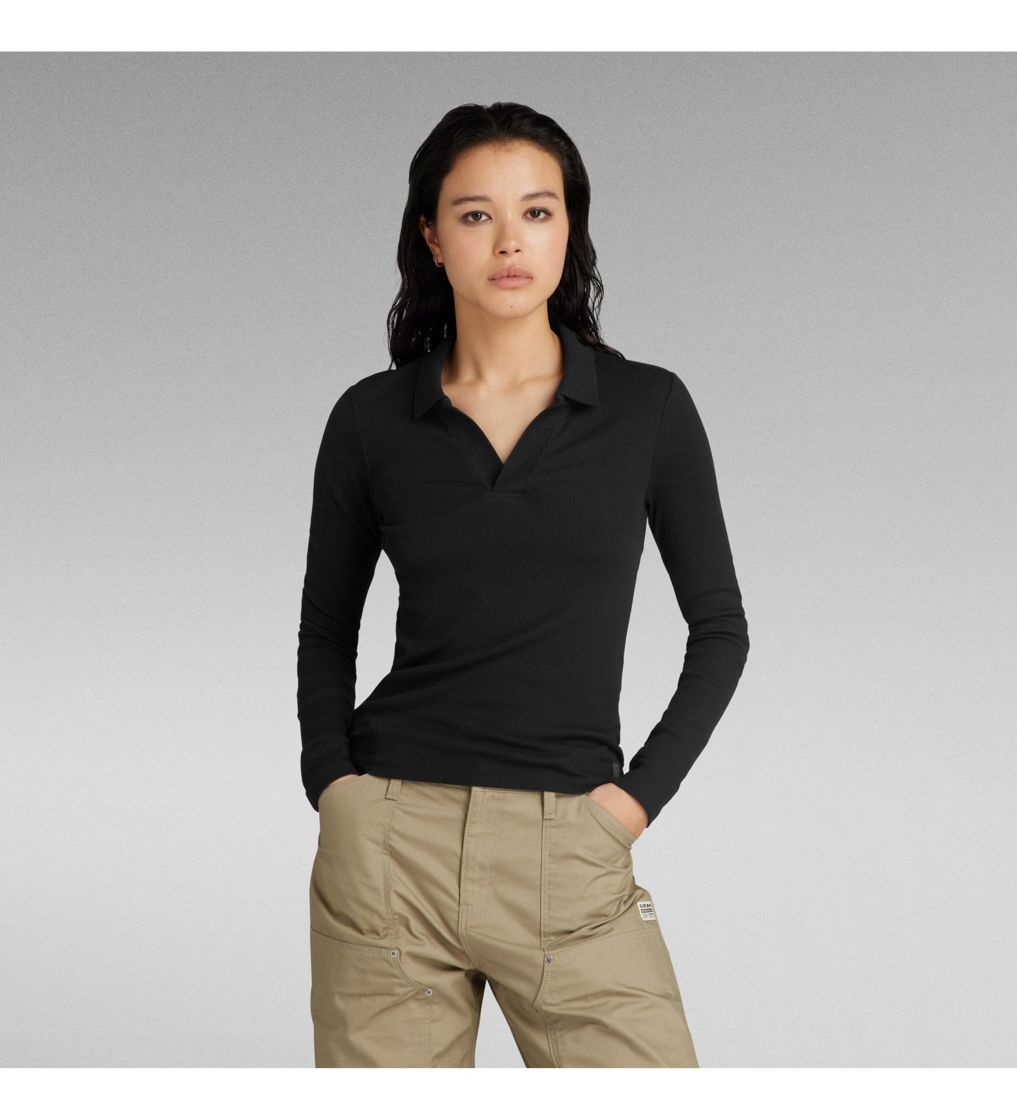 G-Star für Damen. D24513-D527-6484 Schwarzes, geripptes Slim-Fit-Poloshirt (M), Lässig, Langarm, Bio-Baumwolle, Nachhaltig
