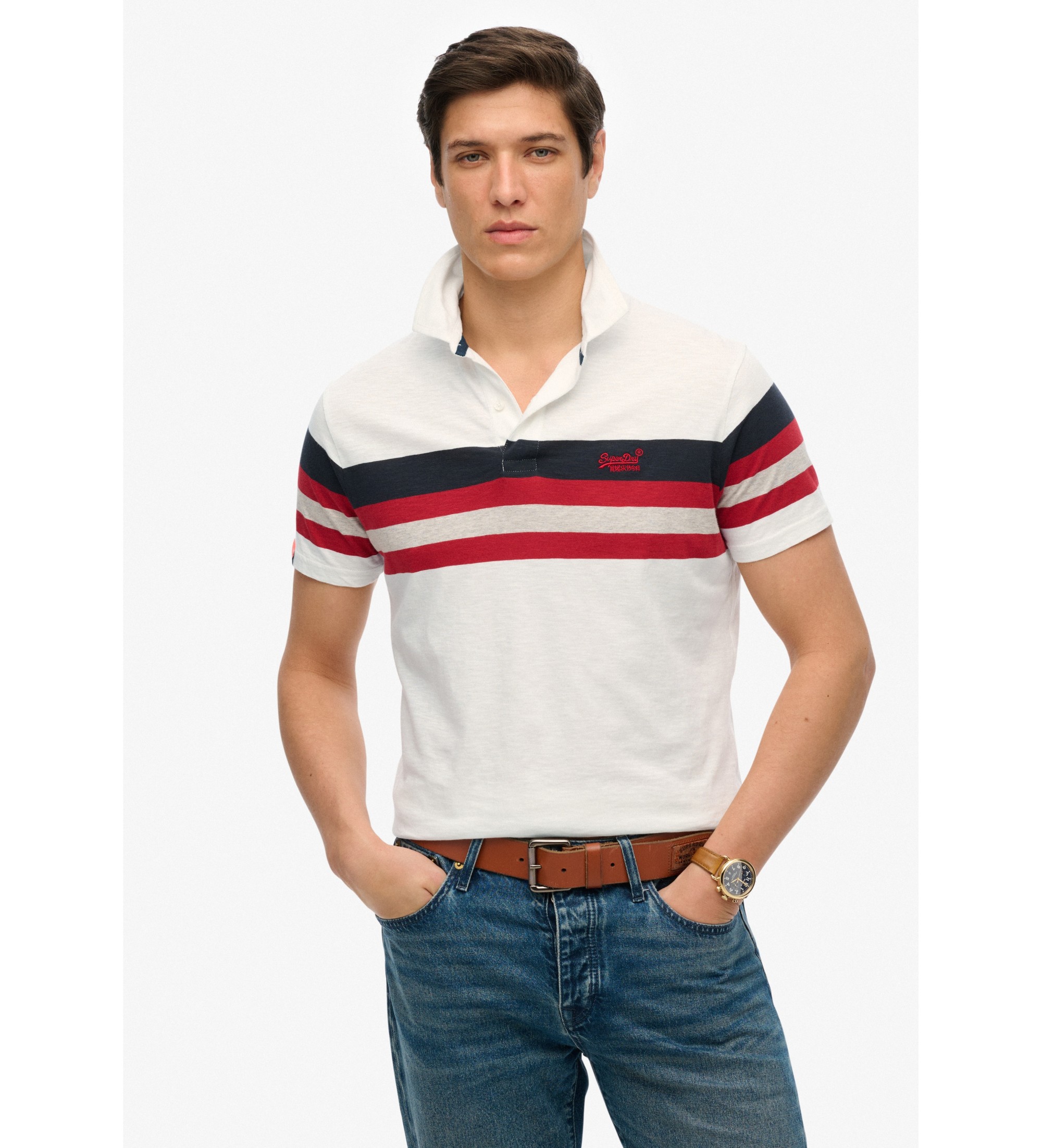 Superdry für Herren. M1110424A Leichtes, gestreiftes Polo-Shirt aus Strick in Weiß (L), Lässig, Baumwolle, Kurzarm