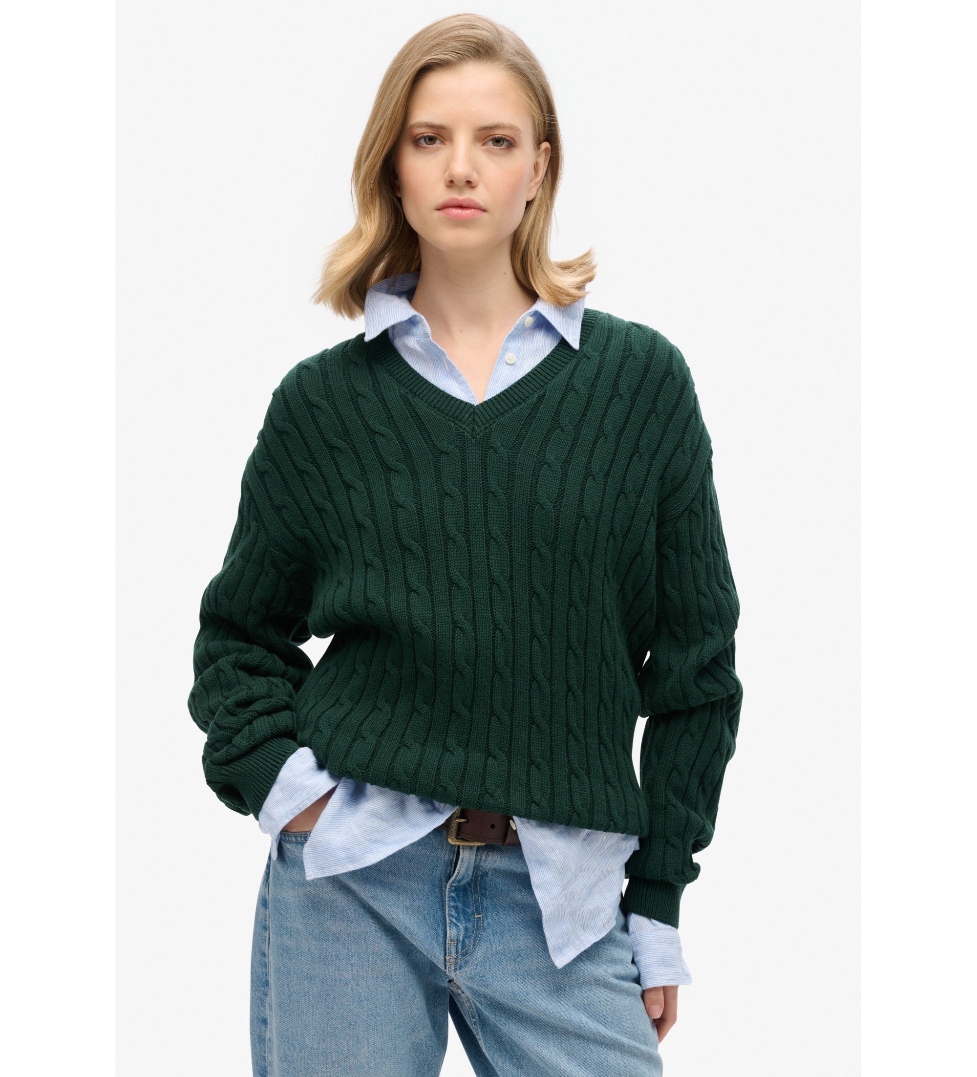 Superdry für Damen. W6110588A Übergroßer Pullover mit Zopfmuster in Grün (S/M), Lässig, Baumwolle