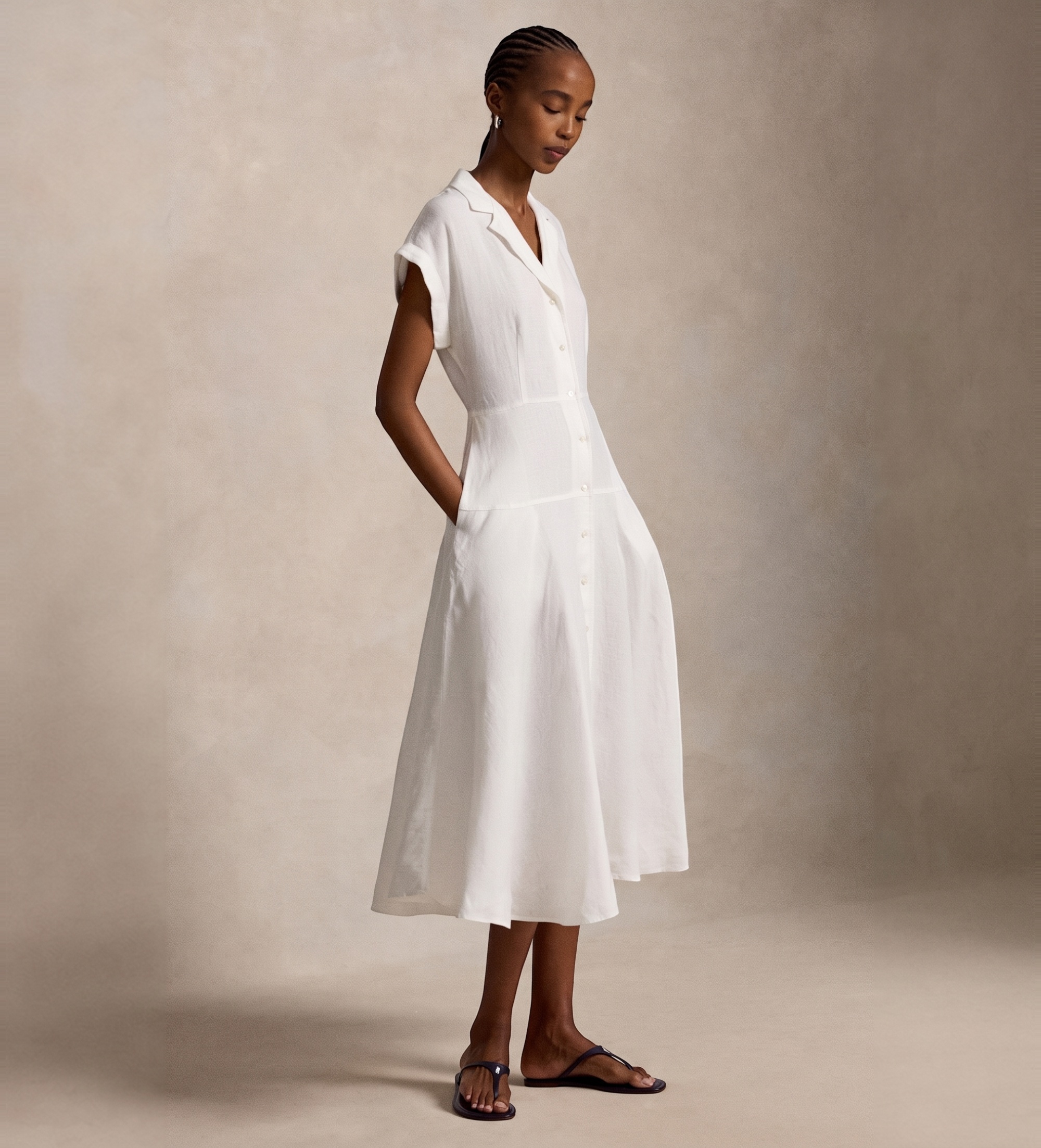Polo Ralph Lauren für Damen. 211B22538001 Leinen-Hemdblusenkleid mit kurzen Ärmeln in Gebrochenweiß (34), Lässig, Kurzarm