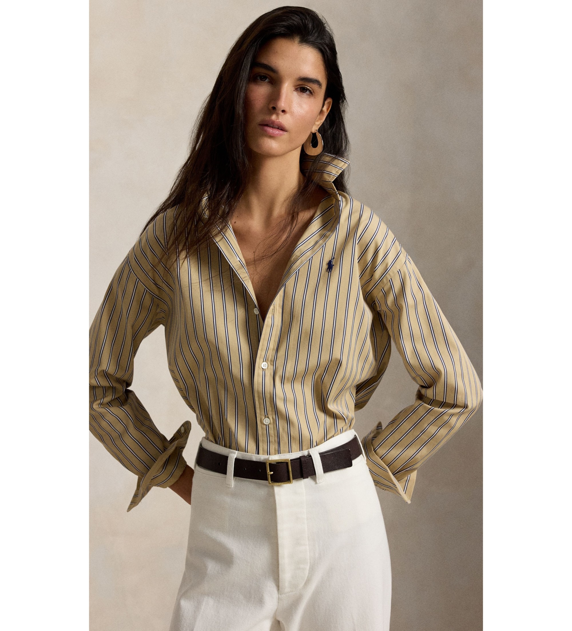 Polo Ralph Lauren für Damen. 211910743511 Baumwollhemd mit Streifen Relaxed Fit beige (S), Lässig, Baumwolle, Langarm