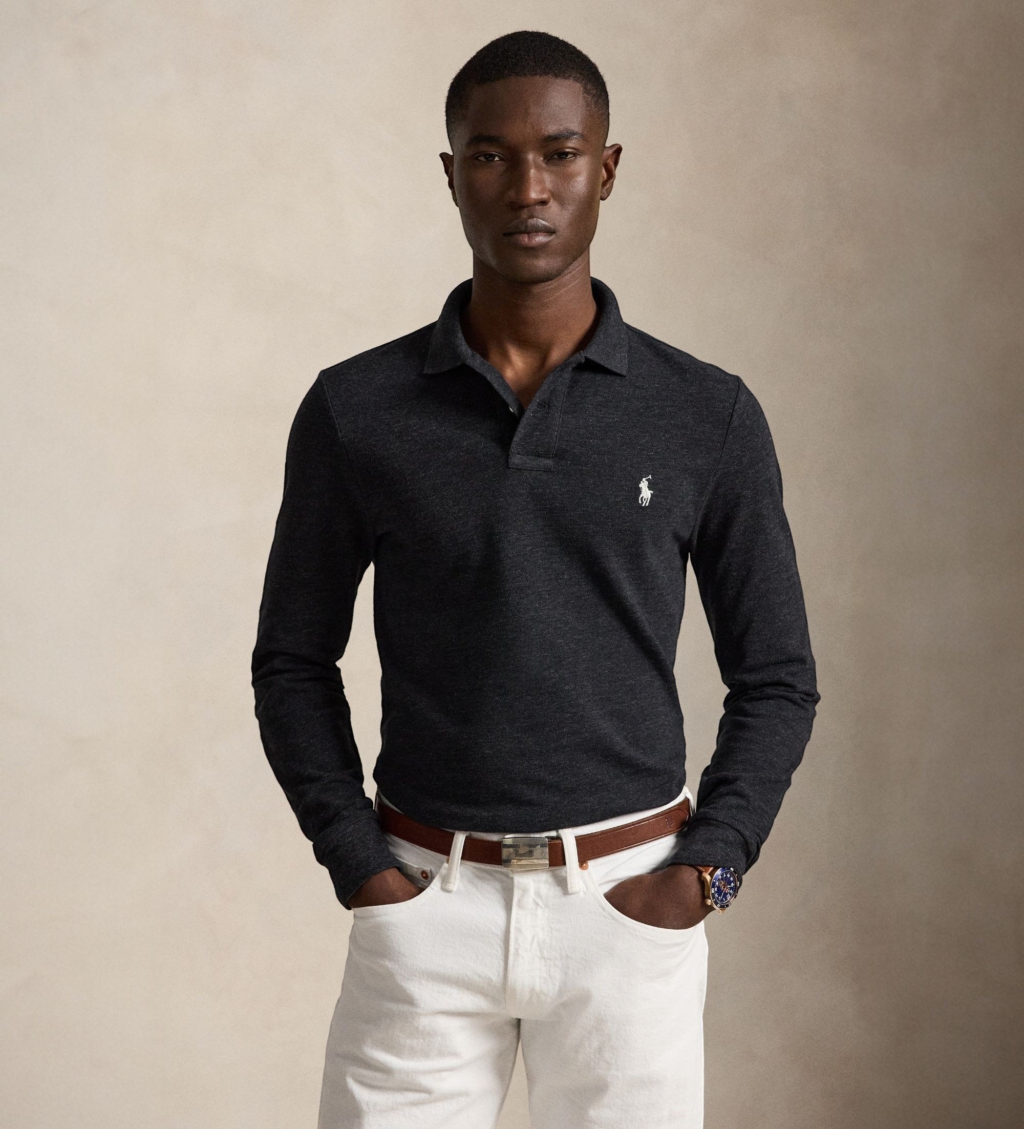 Polo Ralph Lauren für Herren. 710681126049 Piqué-Poloshirt Slim Fit mit langen Ärmeln in Schwarz (M), Lässig, Baumwolle, Langarm
