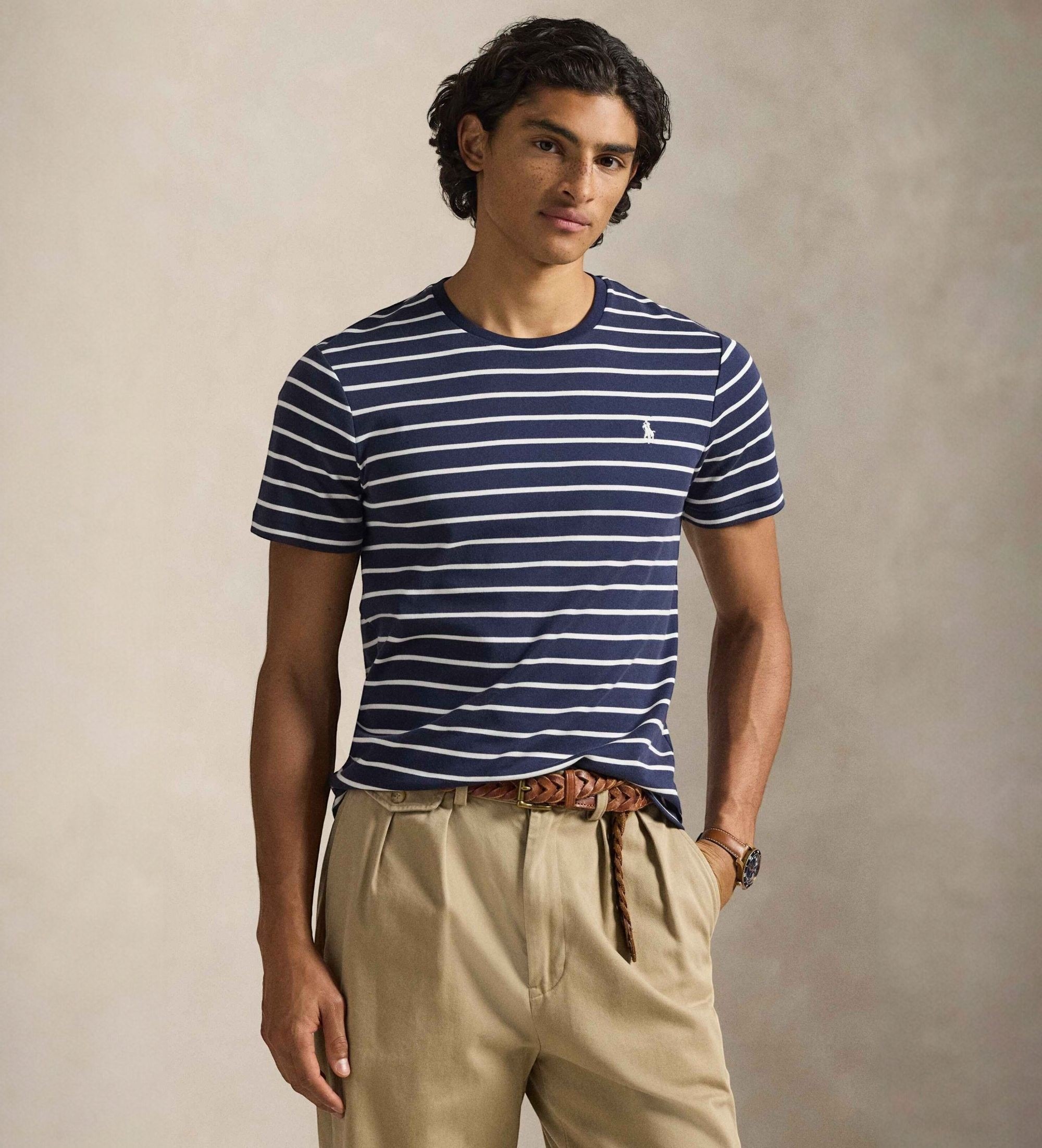 Polo Ralph Lauren für Herren. 710P07313001 Weiches Baumwollshirt mit marineblauen Streifen (XL), Lässig, Baumwolle, Kurzarm