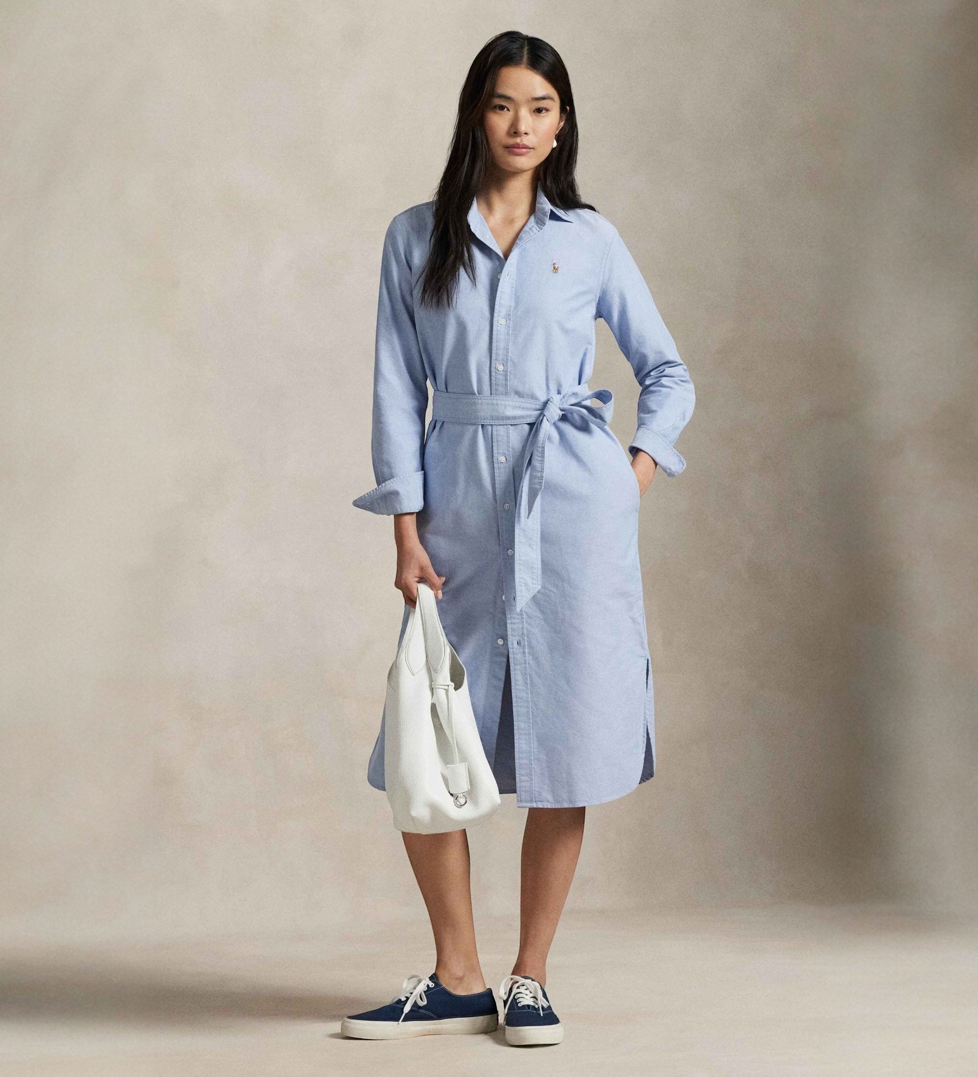 Polo Ralph Lauren für Damen. 211928804002 Baumwoll-Hemdblusenkleid mit Gürtel blau (34), Lässig, Baumwolle, Langarm