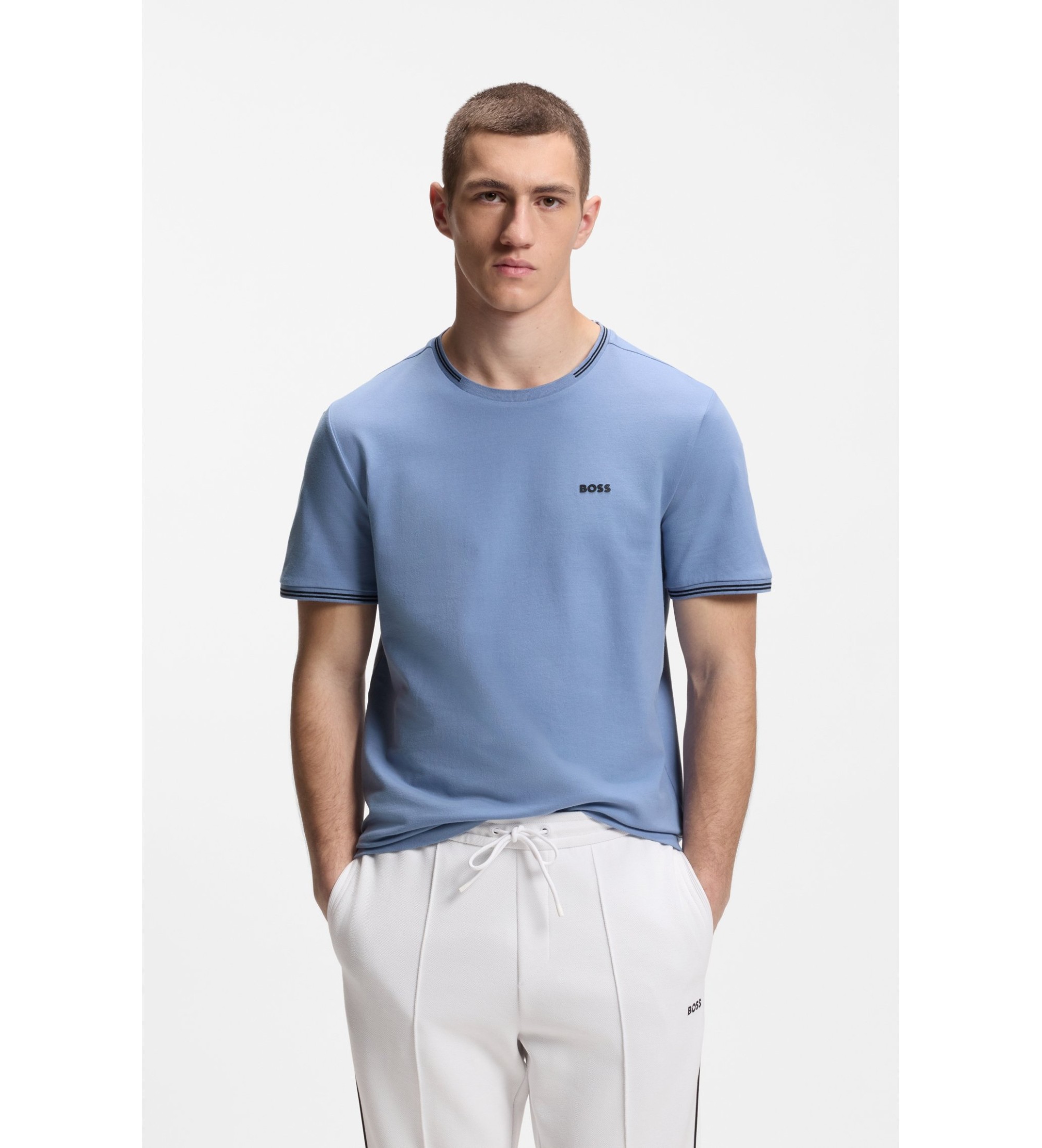 BOSS für Herren. 50521245 T-Shirt Elastisch-Baumwolle mit Streifen und blauem Logo (3XL), Lässig, Kurzarm