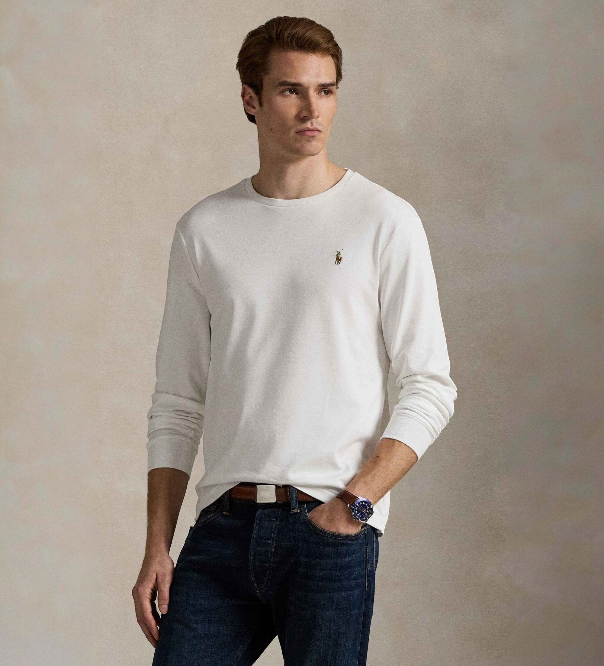 Polo Ralph Lauren für Herren. 710760121002 Baumwoll-T-Shirt Custom Slim Fit weiß (M), Lässig, Baumwolle, Langarm