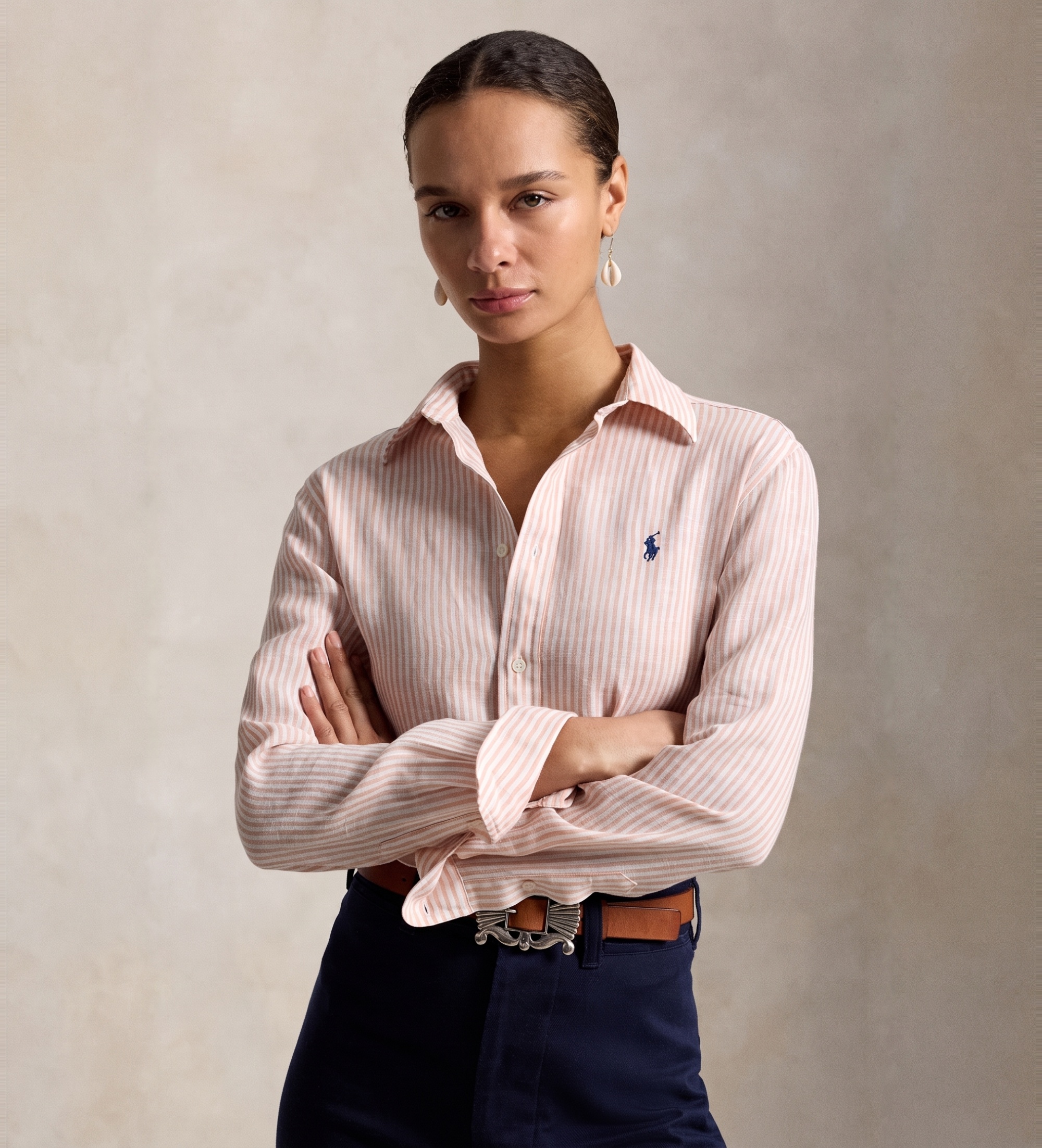 Polo Ralph Lauren für Damen. 211A96158009 Leinenhemd Classic Fit mit rosa Streifen (M), Lässig, Langarm