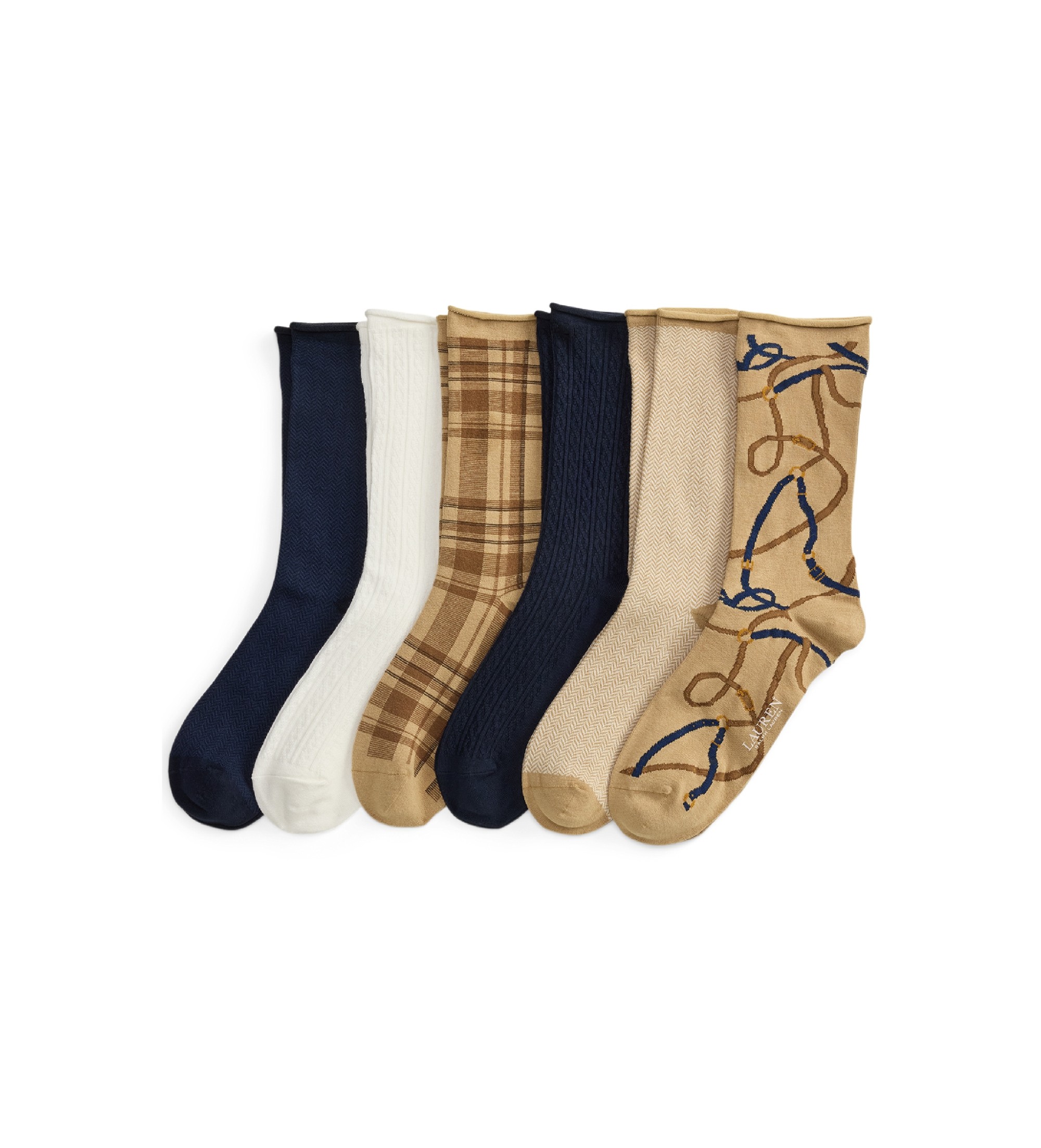 Lauren Ralph Lauren für Damen. 454P20828001 Set 6 Paar Mustersocken, beige, marineblau (37/41), Heimtextilien, Baumwolle
