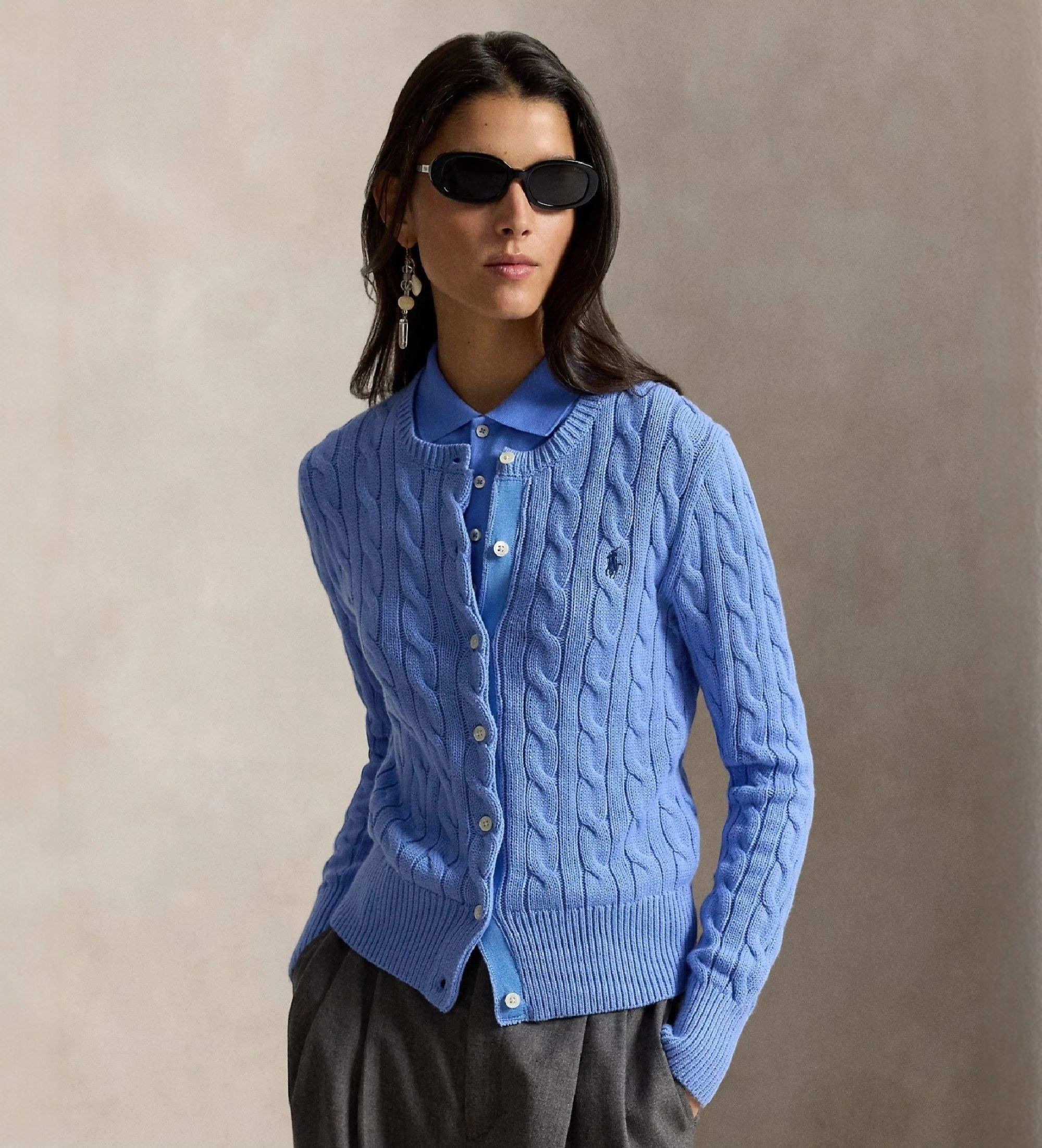 Polo Ralph Lauren für Damen. 211971868009 Strickjacke aus Baumwolle mit Zopfmuster in Blau (S), Lässig, Klassisch, Langarm