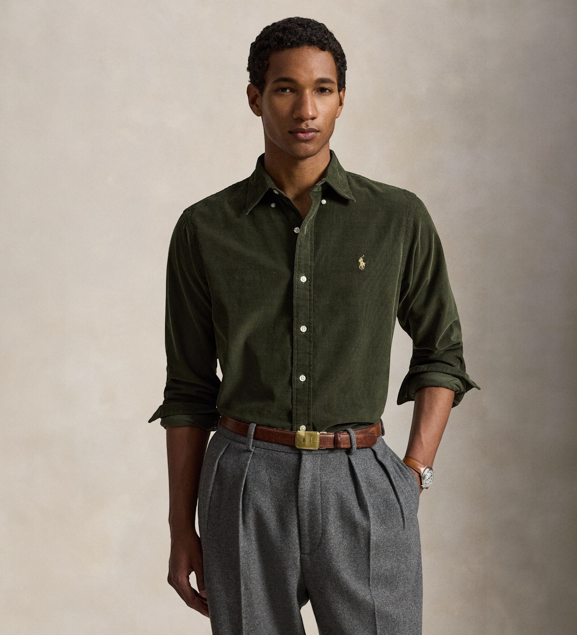 Polo Ralph Lauren für Herren. 710853123502 Cordhemd Custom Fit olivgrün (S), Lässig, Baumwolle, Langarm