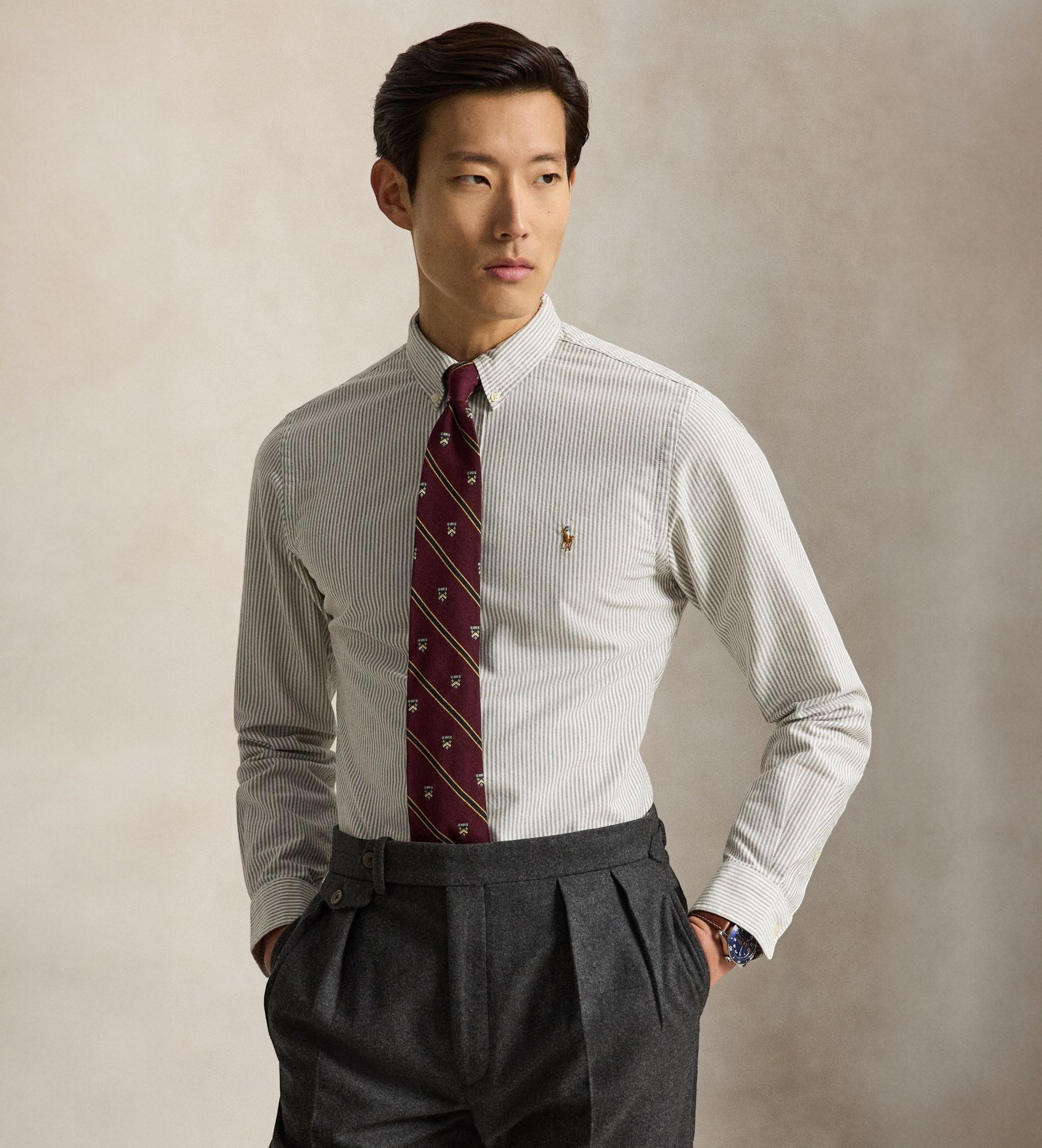 Polo Ralph Lauren für Herren. 710953704503 Custom Fit Oxfordhemd mit Streifen (L), Braun, Lässig, Baumwolle, Klassisch, Langarm
