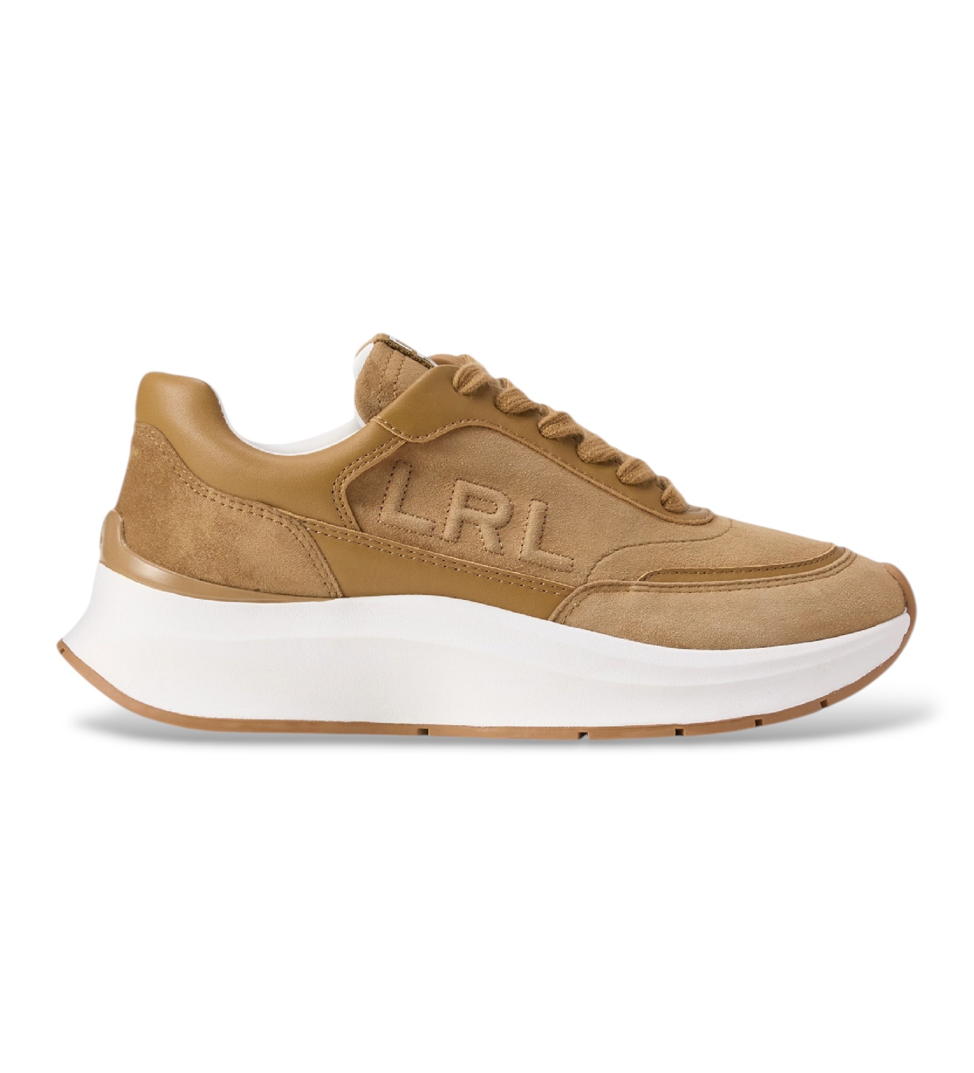 Lauren Ralph Lauren für Damen. 802P18468001 Wildlederschuhe aus Schaffell und kamelfarbenem Leder (39), Beige, Wohnung, 3 bis 5 cm, Schnürse
