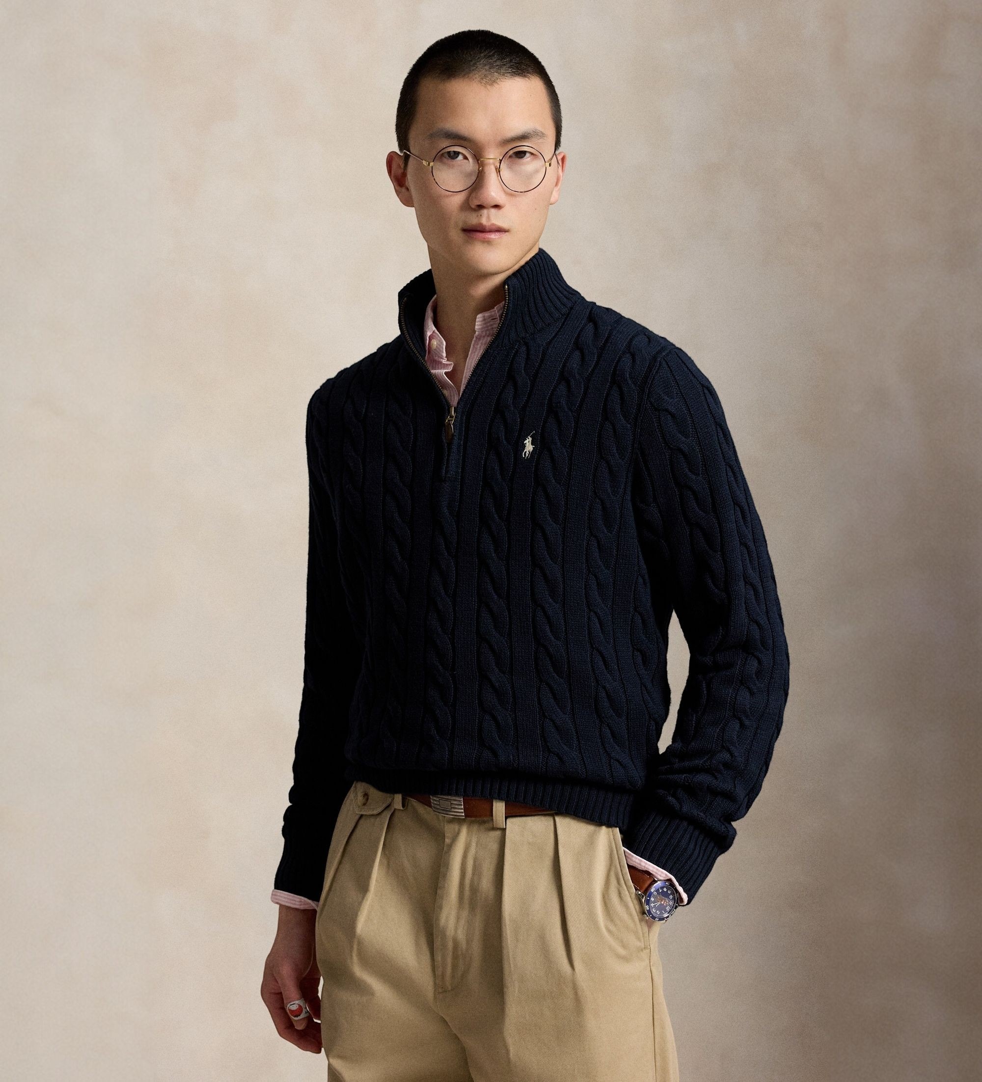 Polo Ralph Lauren für Herren. 710810841500 Marinefarbener Baumwollpullover mit Zopfmuster (S), Lässig, Baumwolle, Langarm
