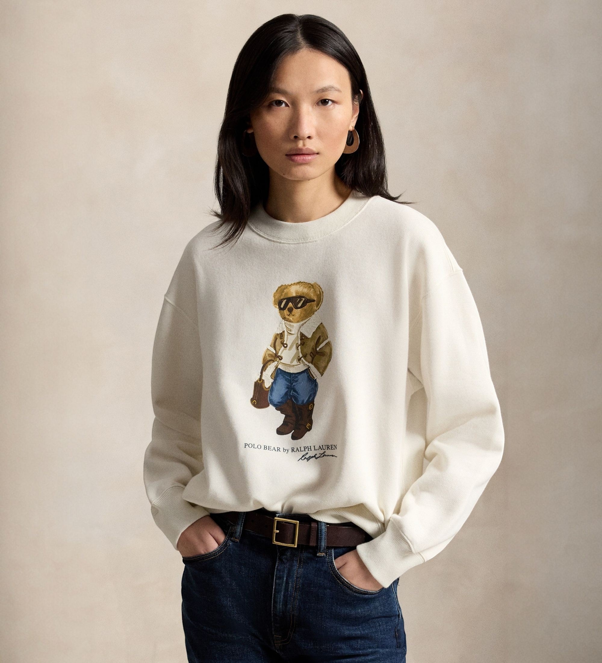 Polo Ralph Lauren für Damen. 211B23856001 Cremeweißes Sweatshirt aus Frottee mit Polo Bear (M), Lässig, Baumwolle
