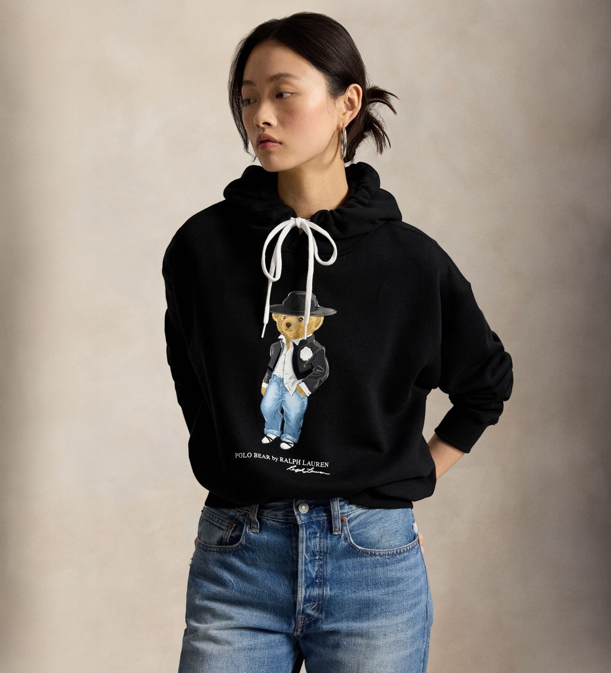 Polo Ralph Lauren für Damen. 211B23862001 Schwarzer Fleece-Sweatshirt mit weihnachtlichem Polo Bear (L), Lässig, Baumwolle