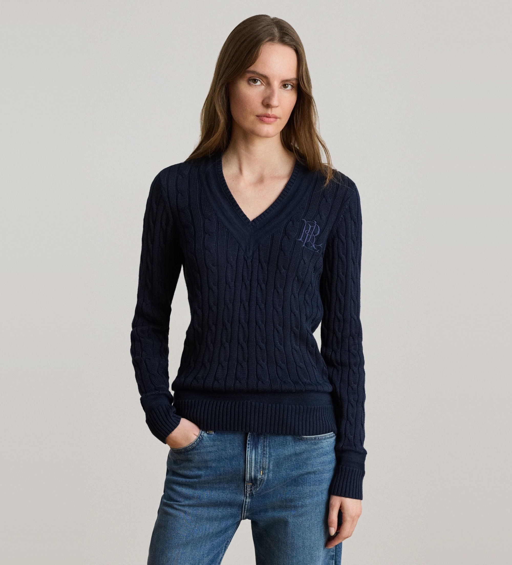 Lauren Ralph Lauren für Damen. 200888795008 Marinefarbener Cricket-Pullover mit Zopfmuster (L), Lässig, Baumwolle, Langarm