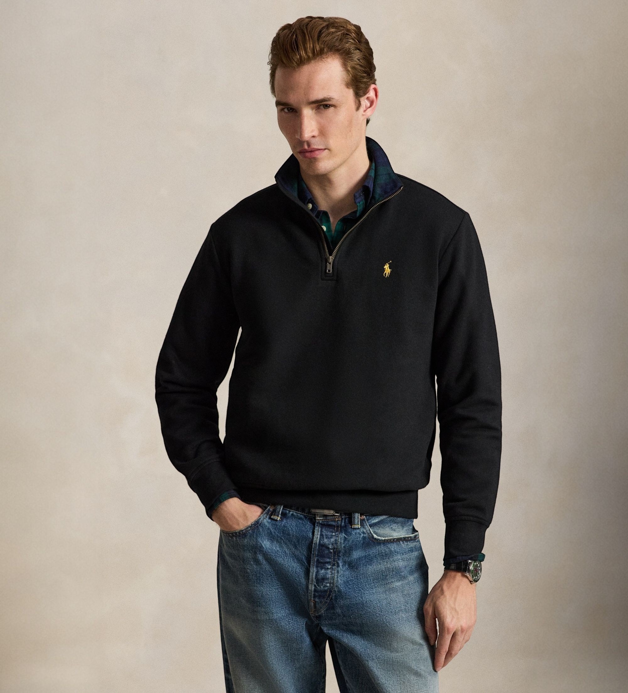 Polo Ralph Lauren für Herren. 710B28291001 Schwarzes Sweatshirt mit Reißverschluss am Kragen (S), Lässig, Baumwolle, Langarm