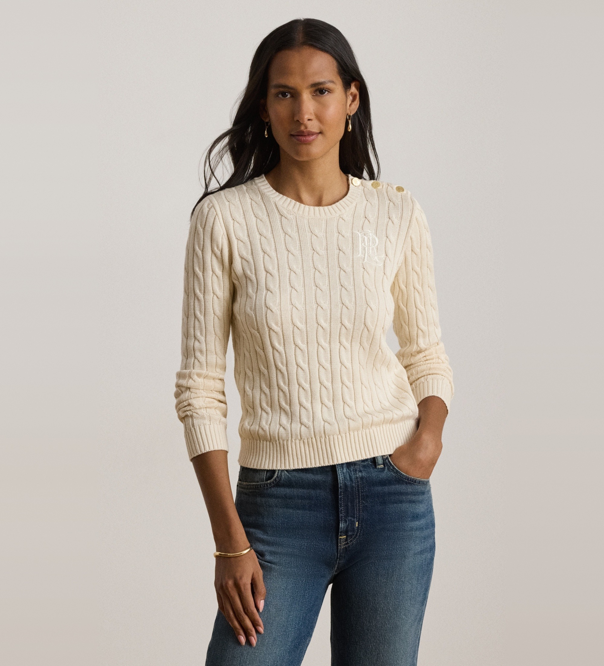 Lauren Ralph Lauren für Damen. 200P14039003 Zopfmuster-Pullover mit beigefarbenen Knöpfen (L), Lässig, Baumwolle