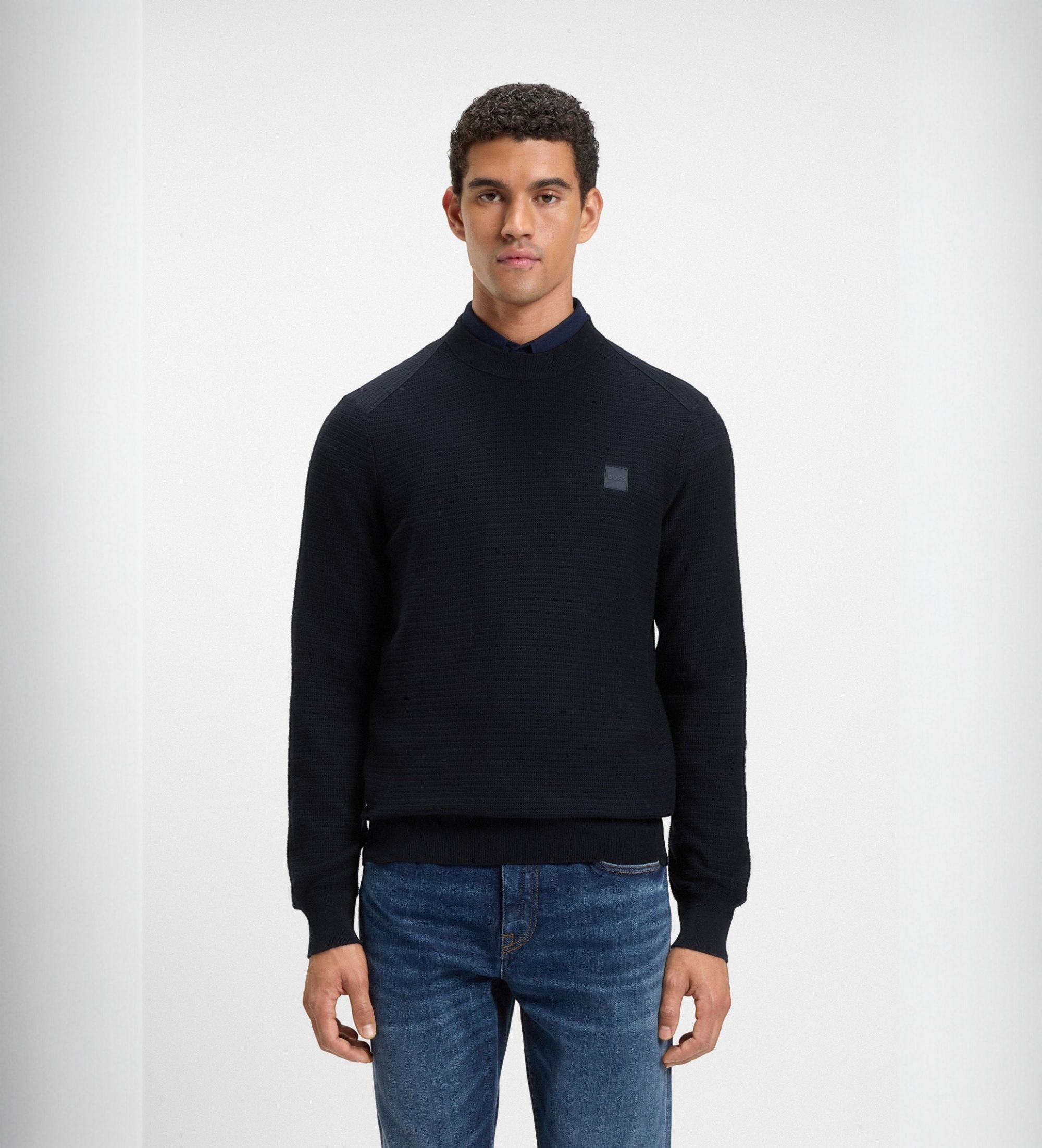 BOSSvoor mannen. 50527584 Gebreide trui met structuur in marineblauw (L), Casual, Katoen