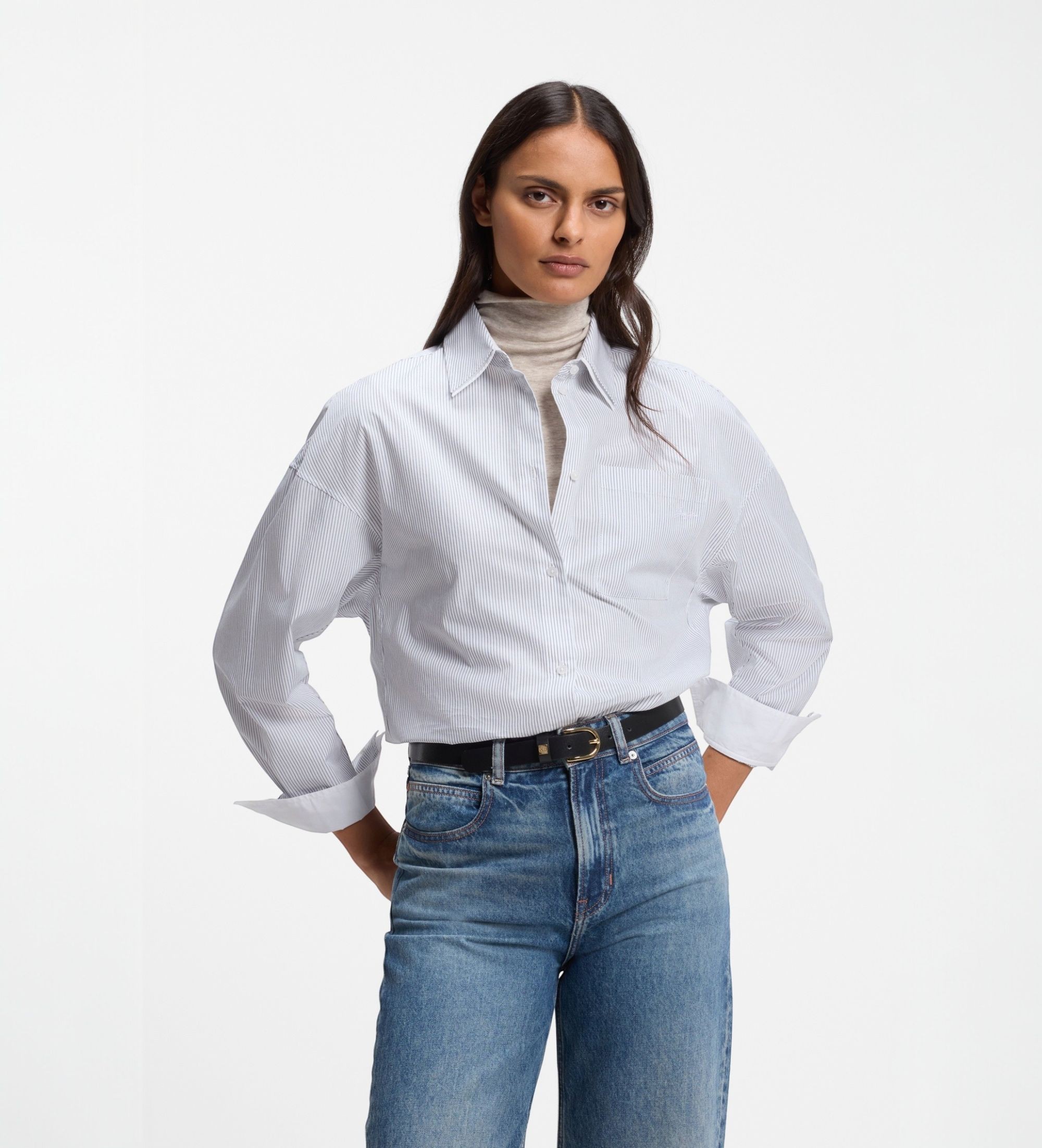 BOSSvoor vrouwen. 50568207 Wit, blauw gestreept Bernie-shirt (34), Casual, Katoen, Lange mouwen