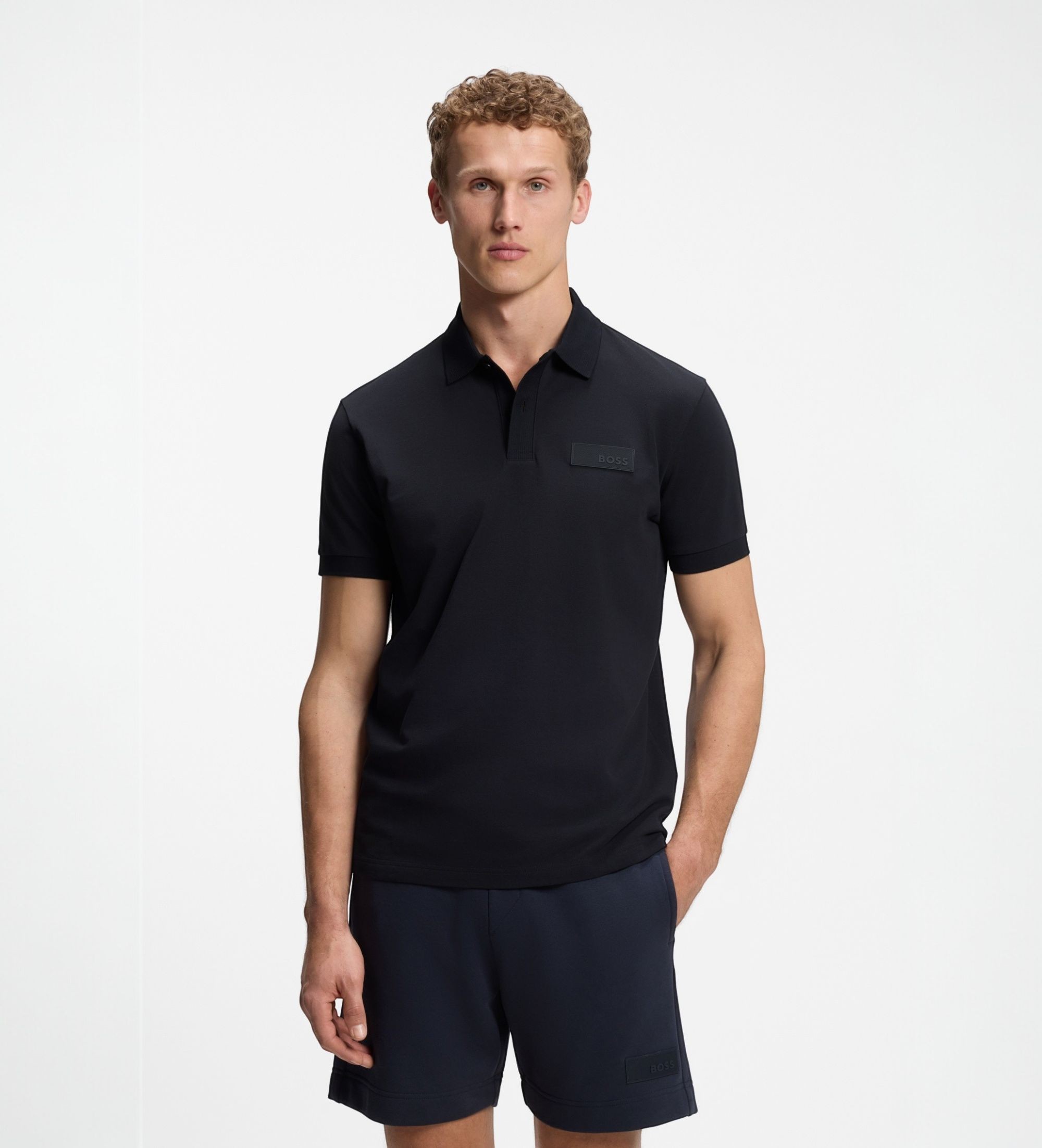 BOSSvoor mannen. 50565163 Marine Polo Paddy Structuur (S), Casual, Katoen, Korte mouwen, Marineblauw