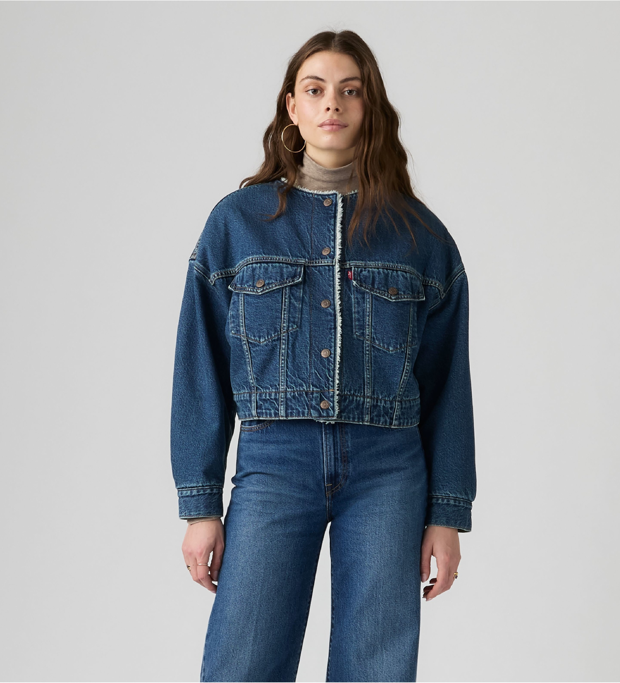 Levi's für Damen. 0088Z-0000 Blaue kragenlose Crop-Sherpa-Jacke (M), Lässig, Baumwolle, Denim