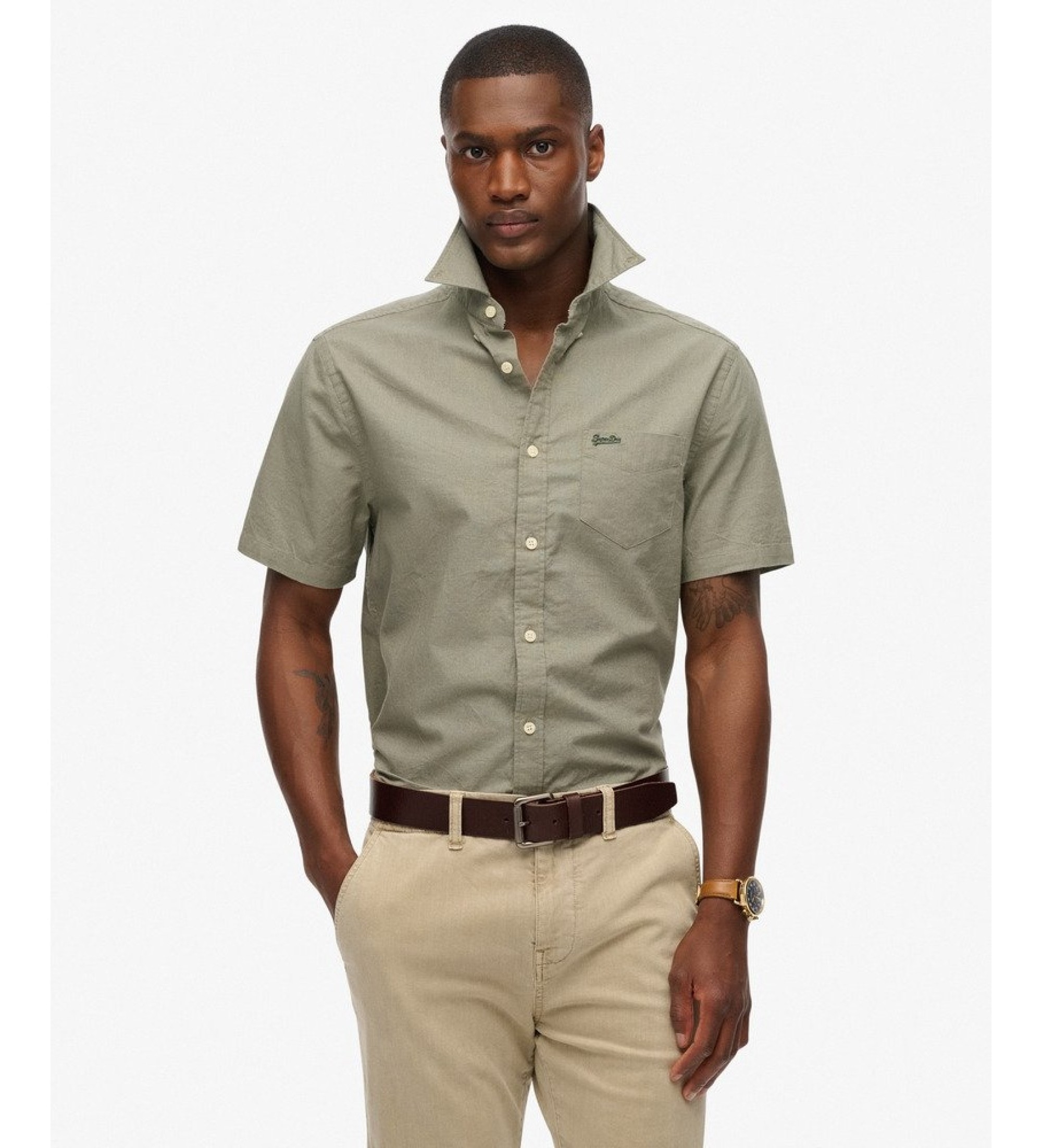 Superdry für Herren. M4011093A City Cotton Linen Hemd grün (L), Lässig, Baumwolle, Kurzarm