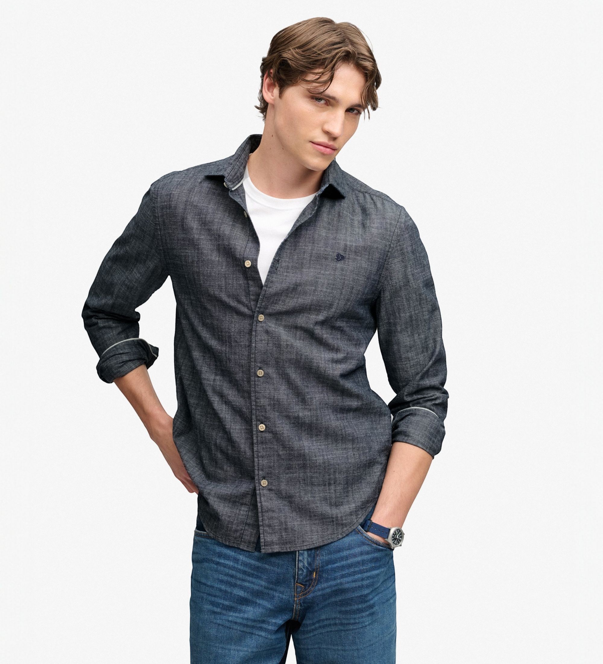 Superdryvoor mannen. M4011110A Essentials Chambray overhemd marineblauw (L), Casual, Katoen, Lange mouwen