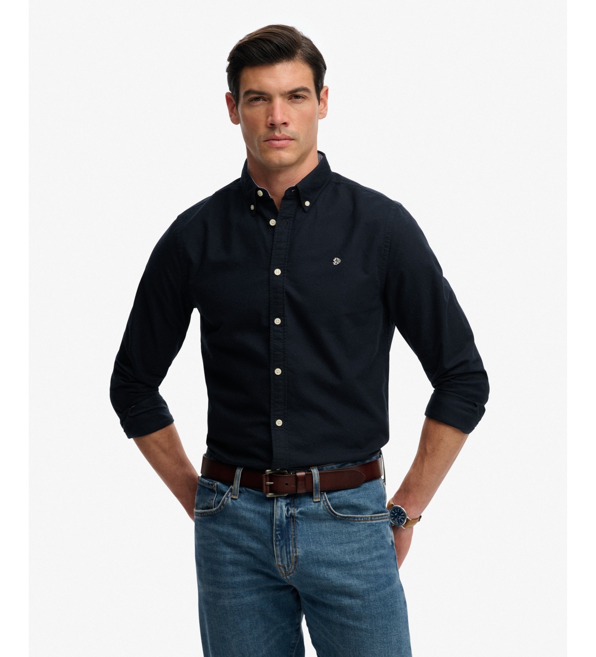 Superdry für Herren. M4011100A Preppy Oxford Hemd Marineblau (M), Lässig, Baumwolle, Klassisch, Langarm