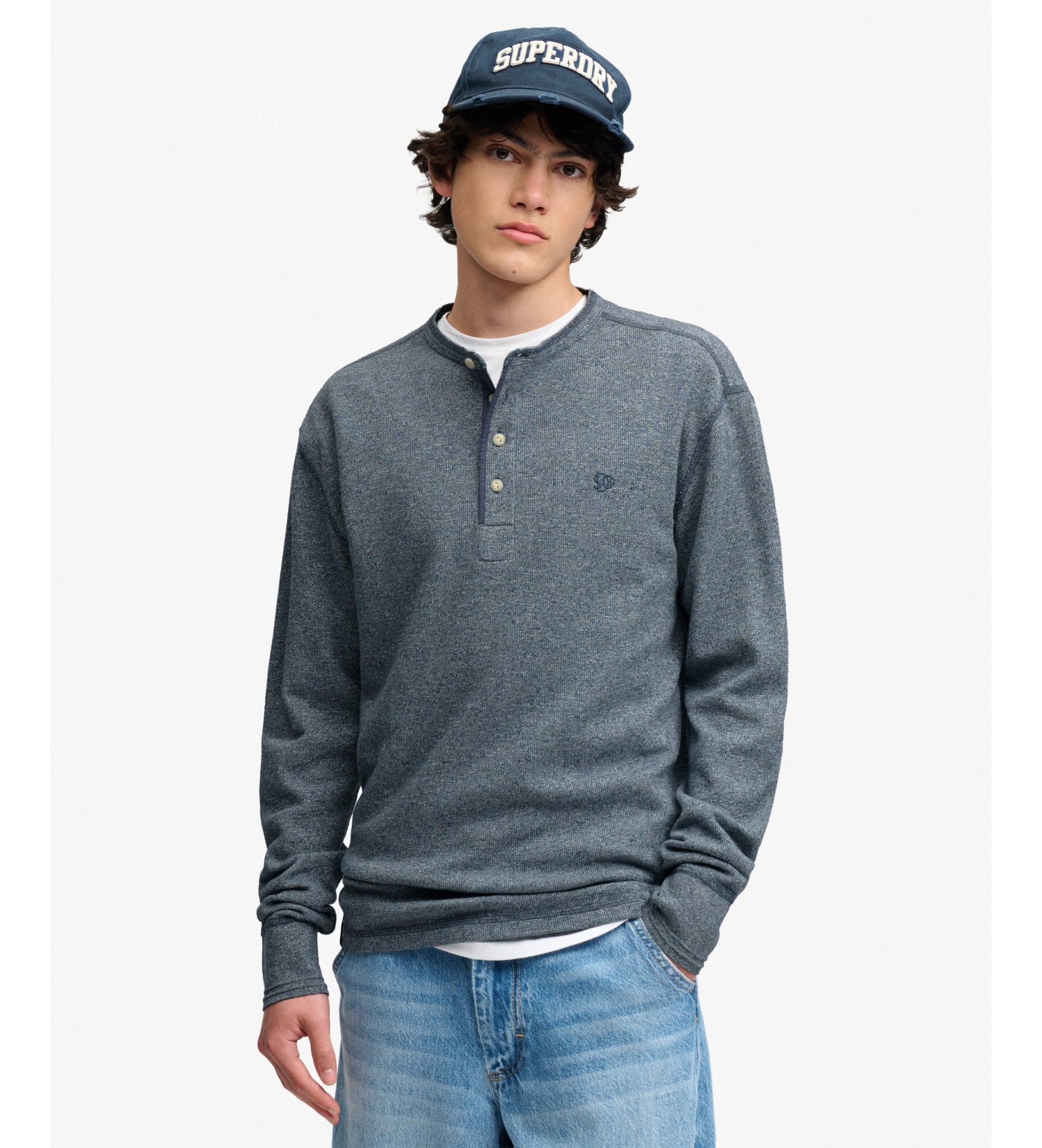 Superdry für Herren. M6010974A Waffle-Slub-T-Shirt in Blau (L), Lässig, Langarm, Stoff