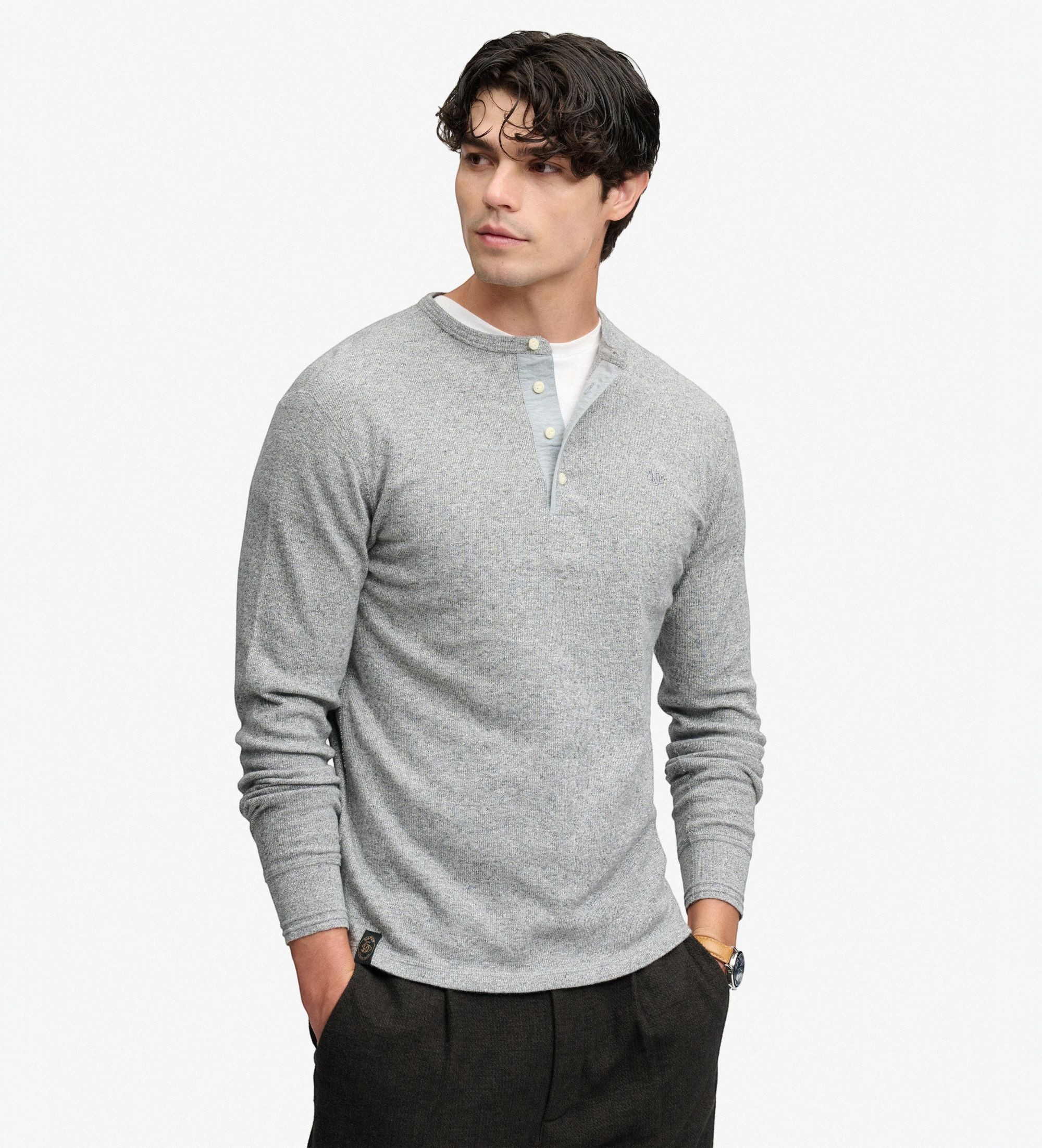Superdry für Herren. M6010974A Graues Slub-Waffel-Shirt (M), Lässig, Baumwolle, Langarm