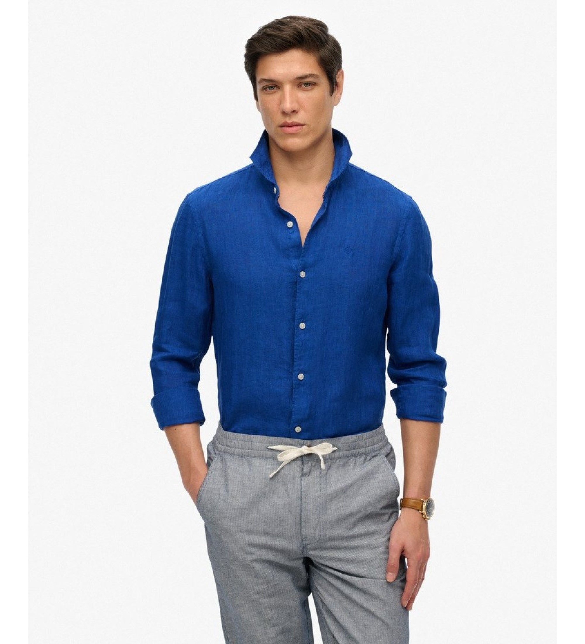 Superdry für Herren. M4011054A Vacation Linen Hemd blau (L), Lässig, Leinen, Langarm