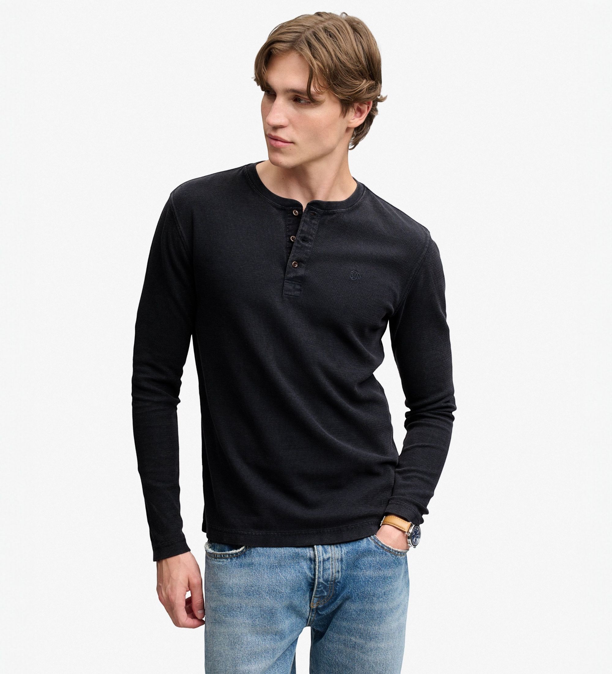 Superdry für Herren. M6010975A T-Shirt Henley Waffle marineblau (M), Lässig, Baumwolle, Langarm