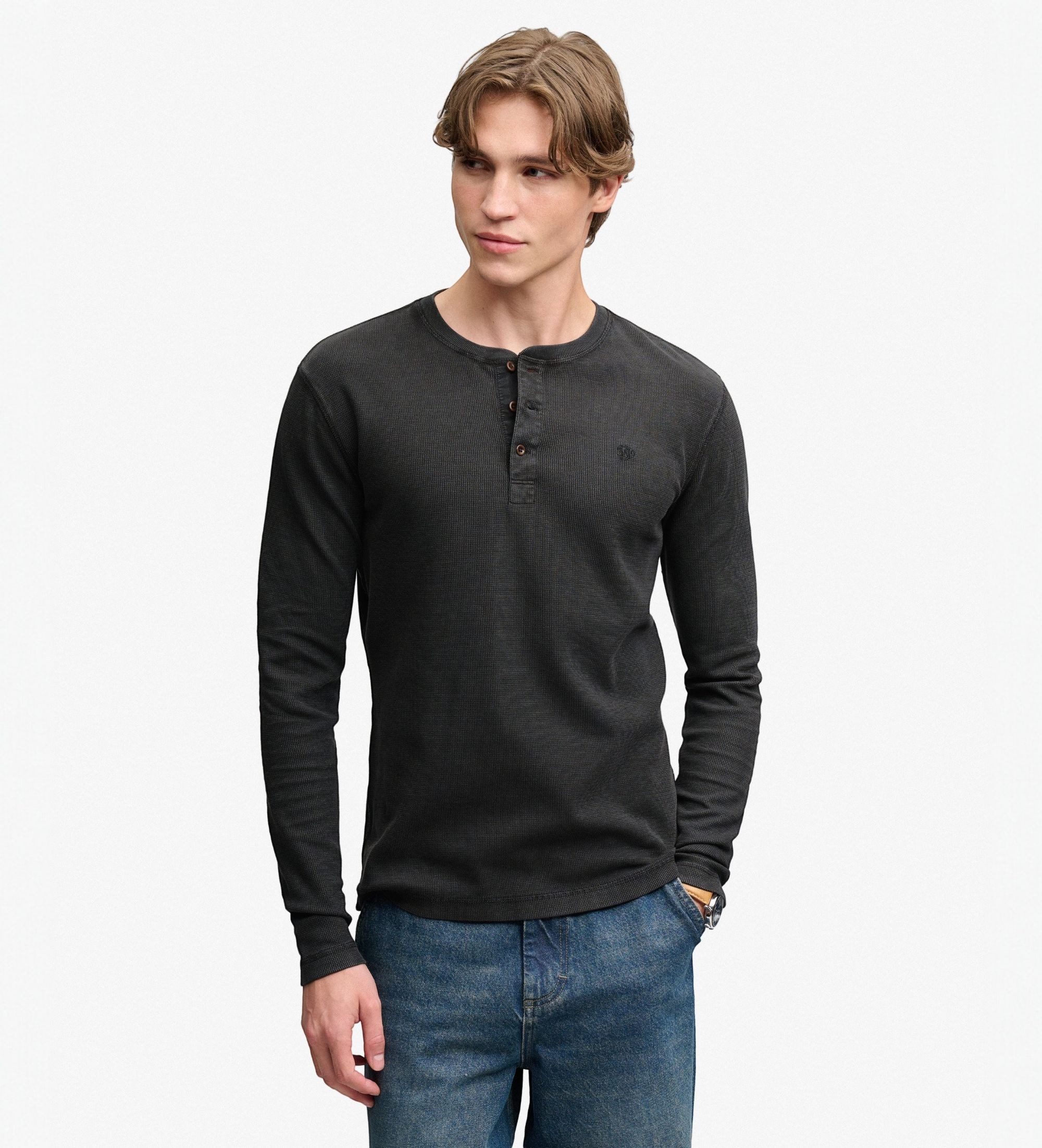 Superdry für Herren. M6010975A Schwarzes Henley-Waffel-Shirt (M), Lässig, Baumwolle, Langarm