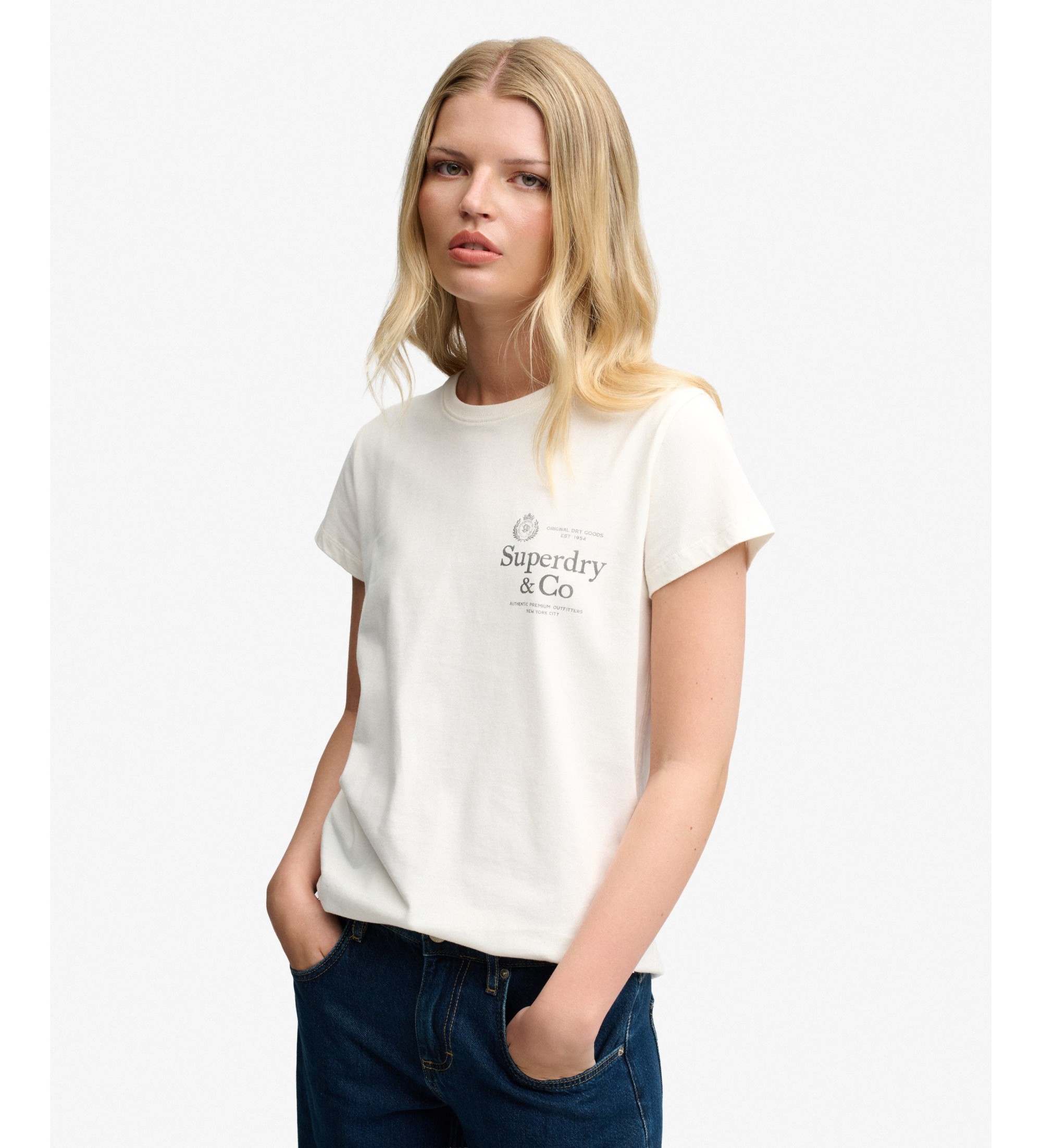 Superdry für Damen. W1011934A Luxe Casual Classic T-Shirt gebrochenes Weiß (XS), Lässig, Baumwolle, Kurzarm