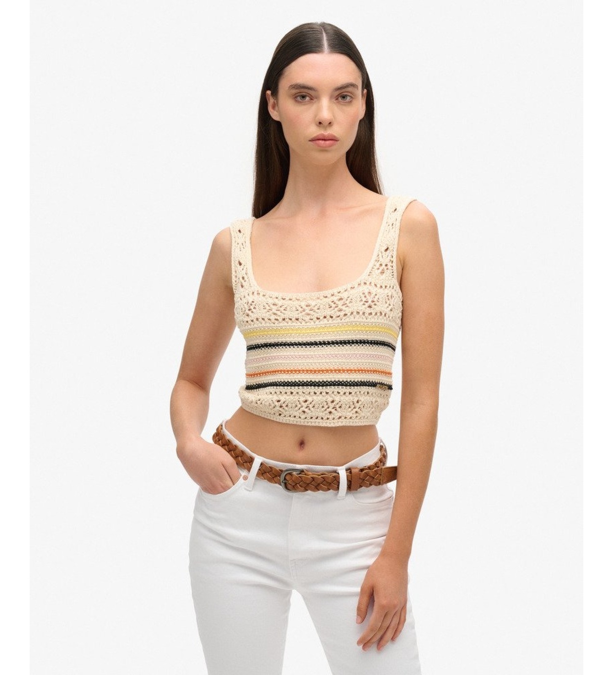Superdry für Damen. W6011982A Ärmelloses Crop-Top aus Häkelspitze in Beige (S), Lässig, Baumwolle, Ärmellos / Hosenträger