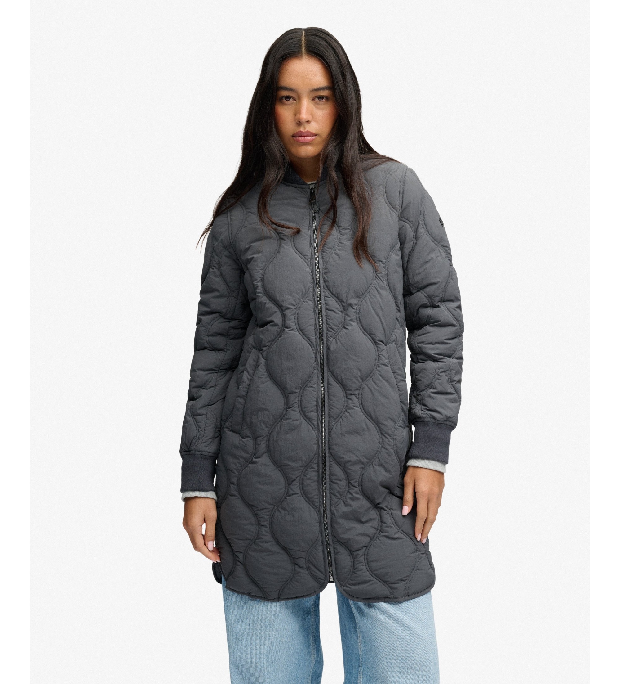 Superdry für Damen. W5012193A Gepolsterte Jacke Long Onion Quilt Liner grau (XS), Lässig, Recyceltes Nylon